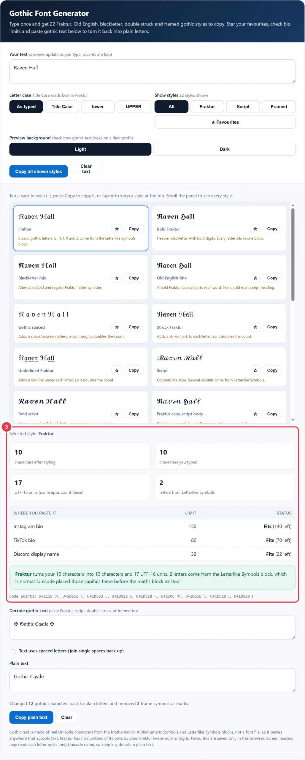 Step 3: copy a gothic style and check the Instagram, TikTok and Discord limits and code points