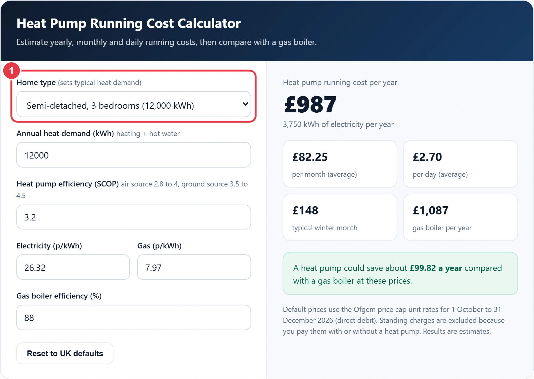 Step 1: choose your home type in the heat pump running cost calculator