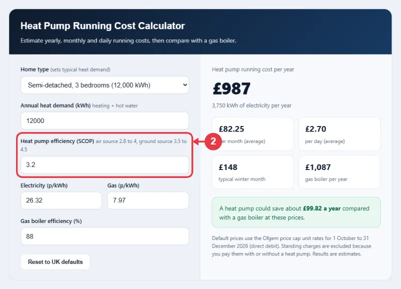 Step 2: enter the heat pump SCOP efficiency
