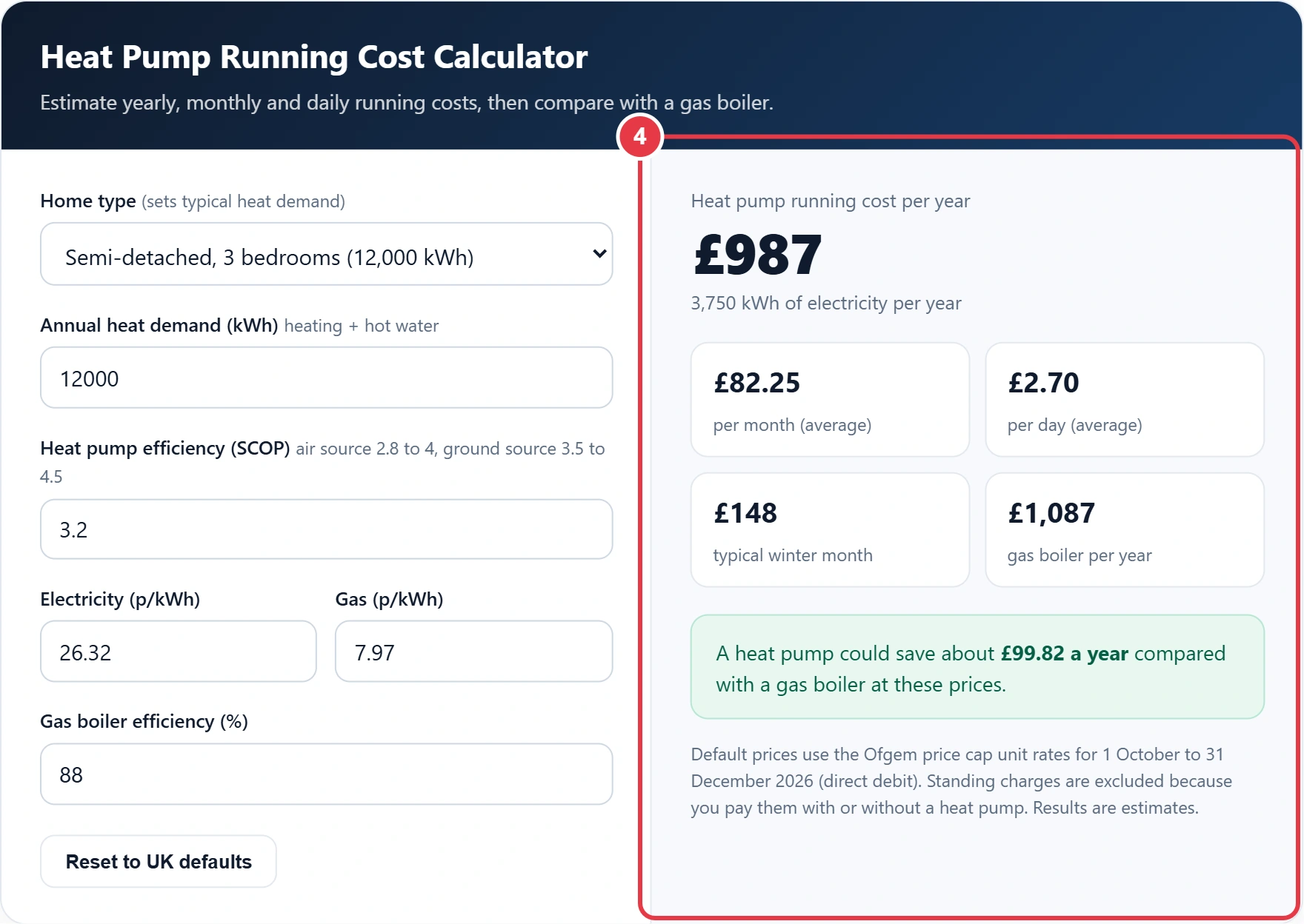 Step 4: read the heat pump running cost results and gas comparison