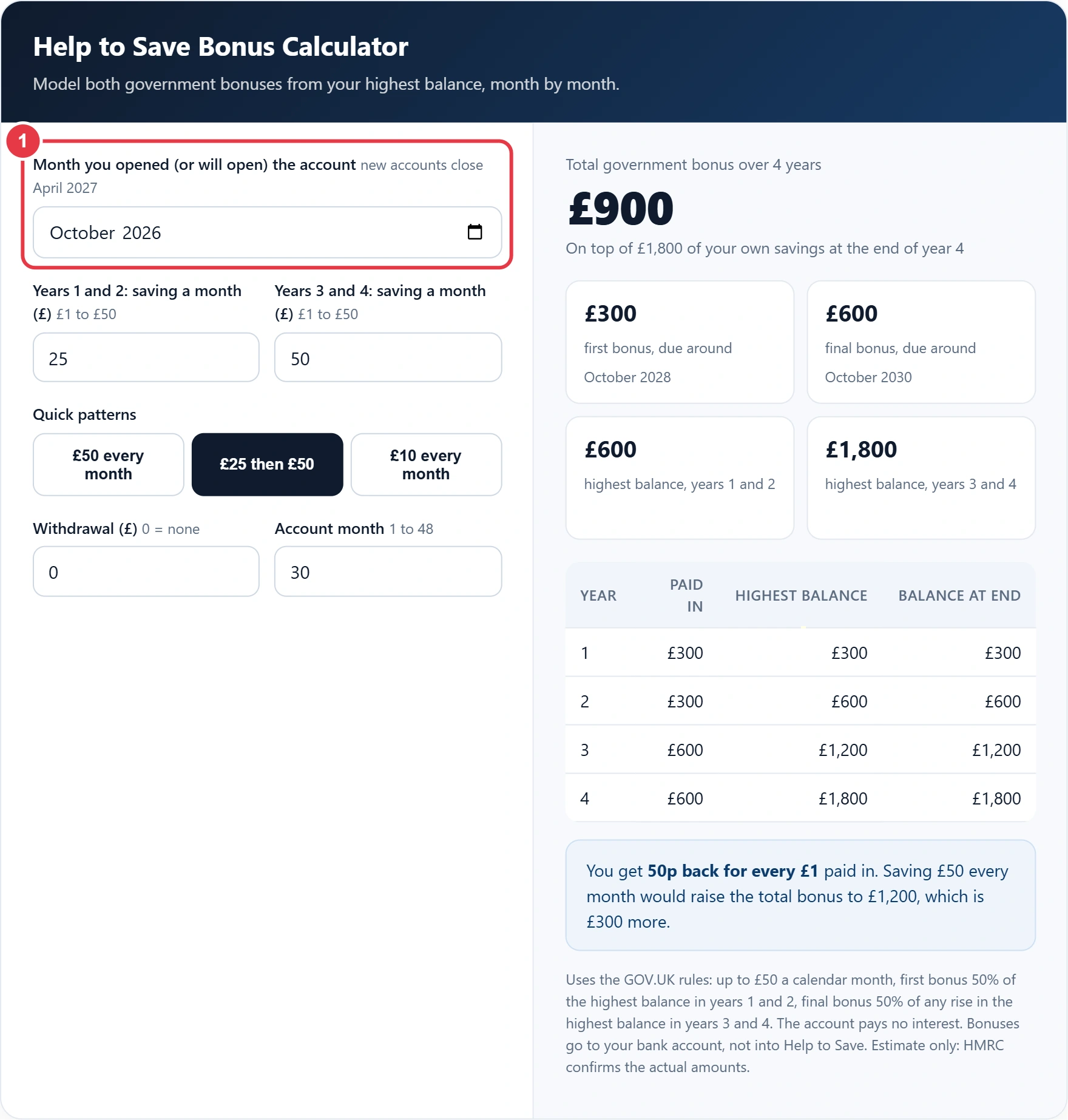 Step 1: enter the month the Help to Save account was opened