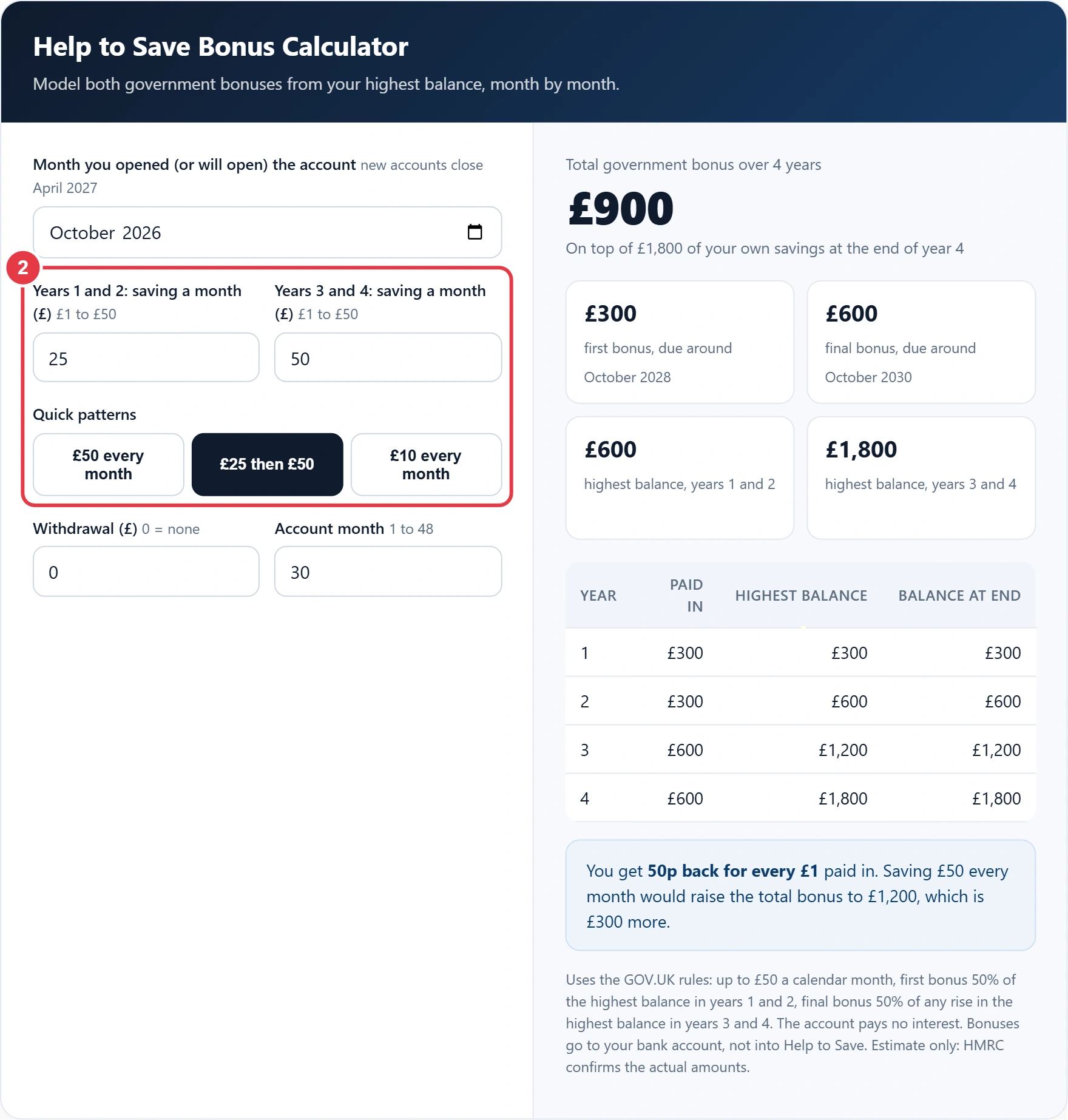 Step 2: enter monthly saving for years 1 and 2 and years 3 and 4