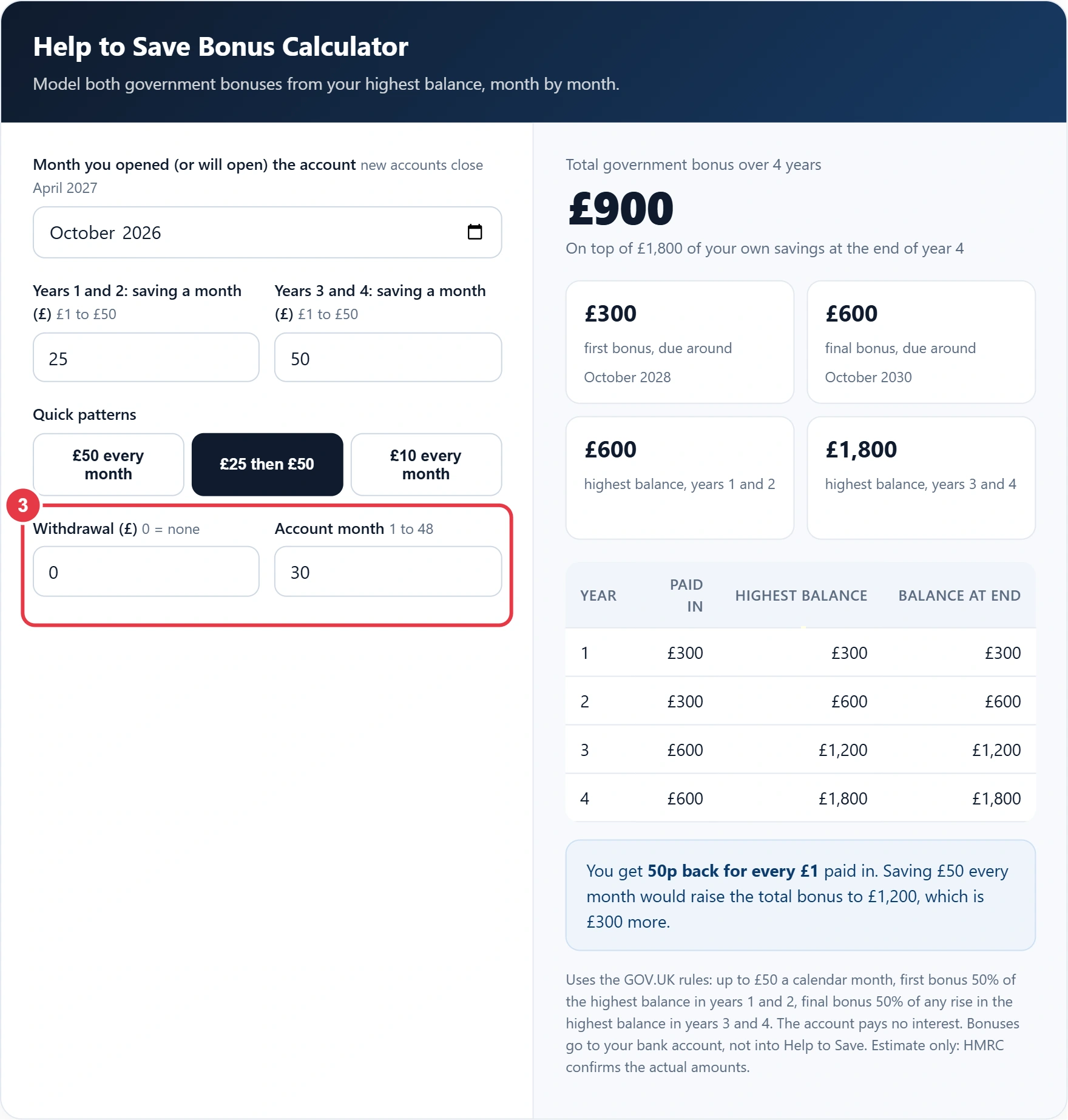 Step 3: add a withdrawal and the account month it happens