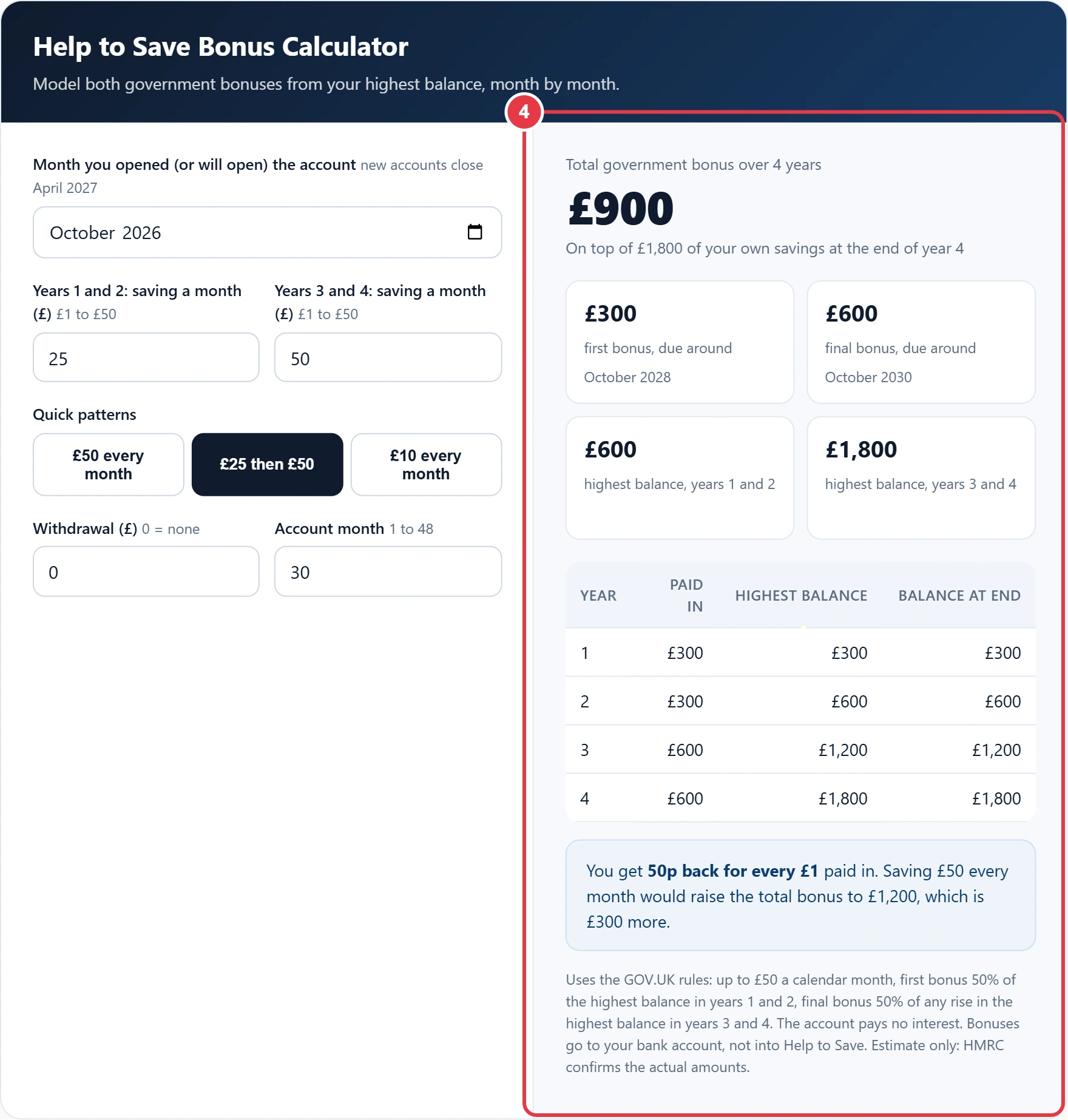 Step 4: read the first bonus, final bonus and yearly balance table