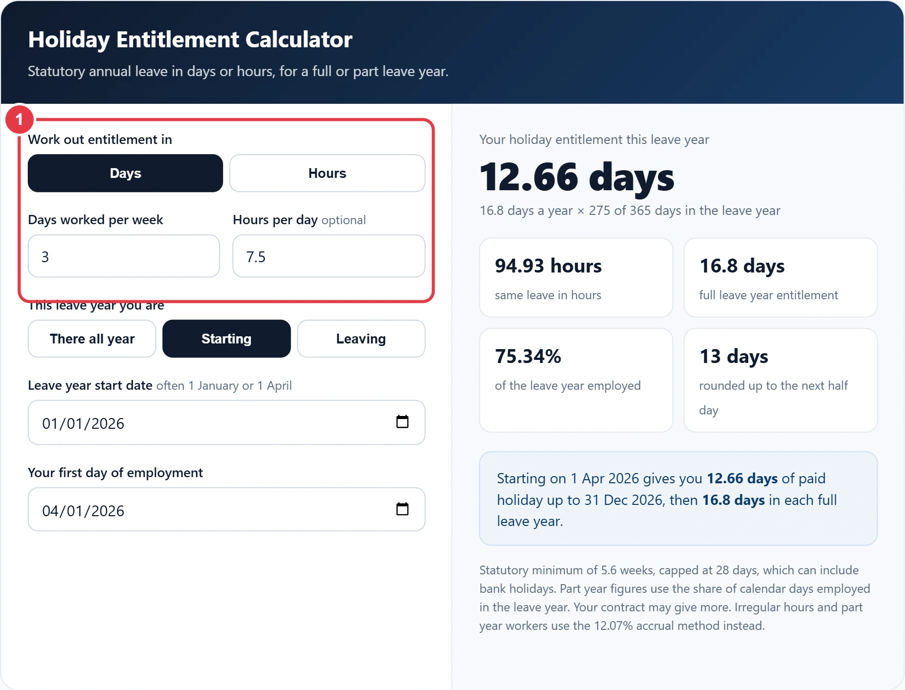 Step 1: choose days or hours and enter your working pattern