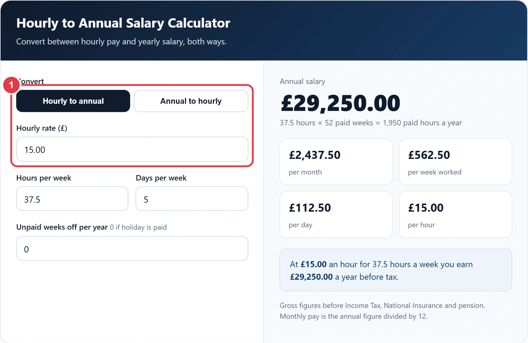 Step 1: choose hourly to annual or annual to hourly and enter your pay