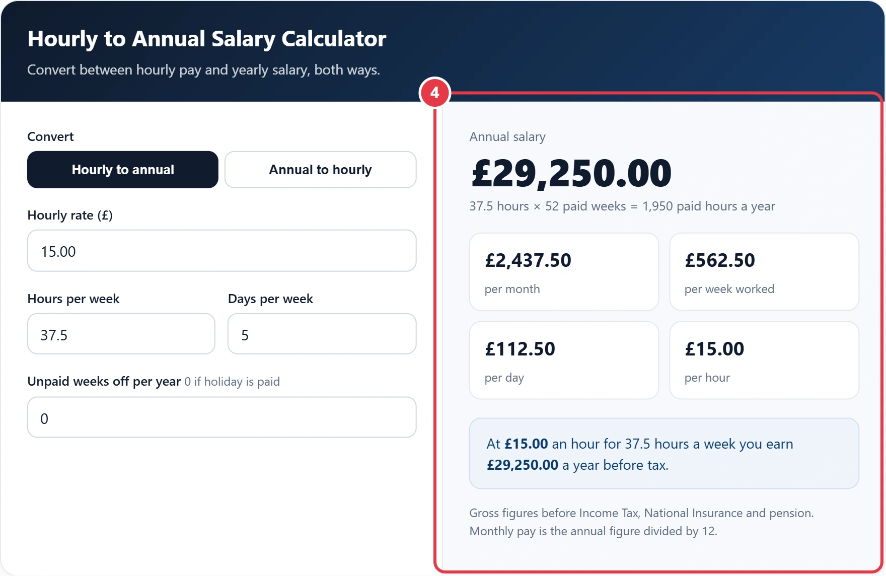 Step 4: read your annual, monthly, weekly, daily and hourly pay