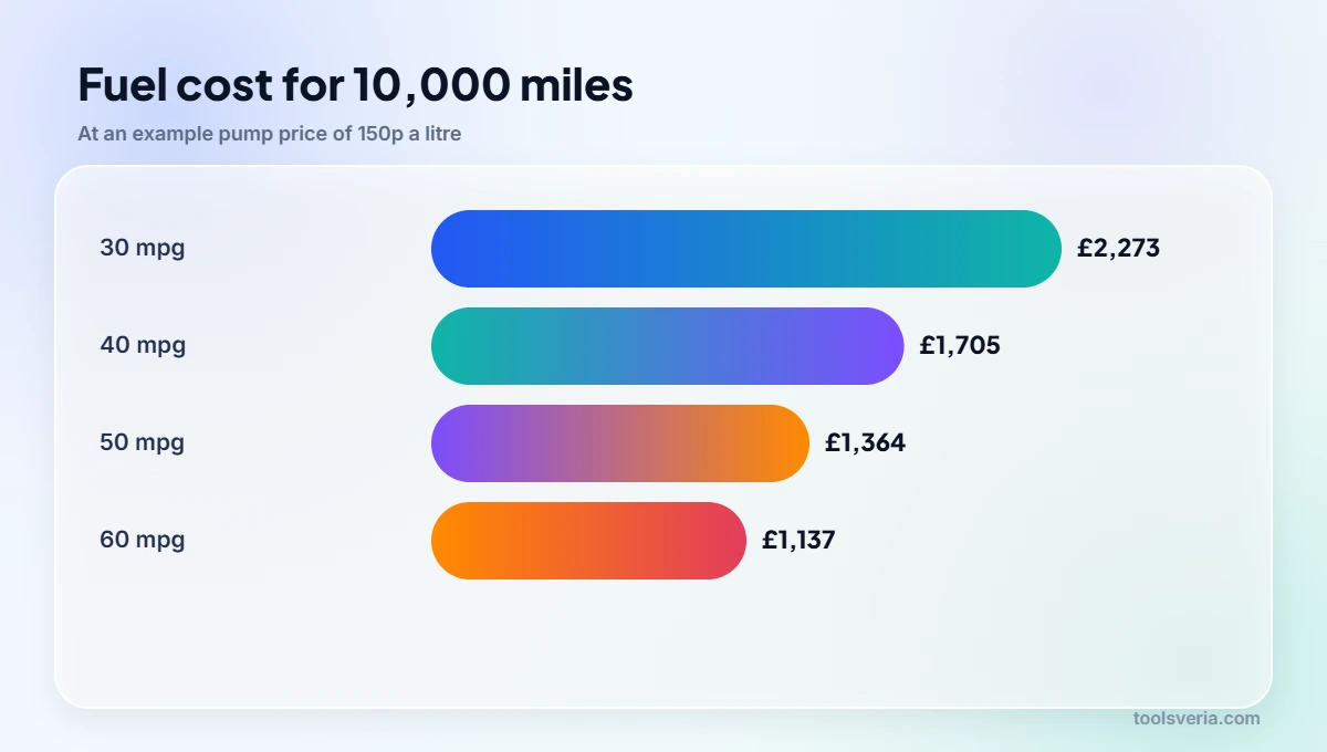 Bar chart of fuel cost over 10,000 miles at 30, 40, 50 and 60 mpg, showing why it pays to know how to calculate mpg