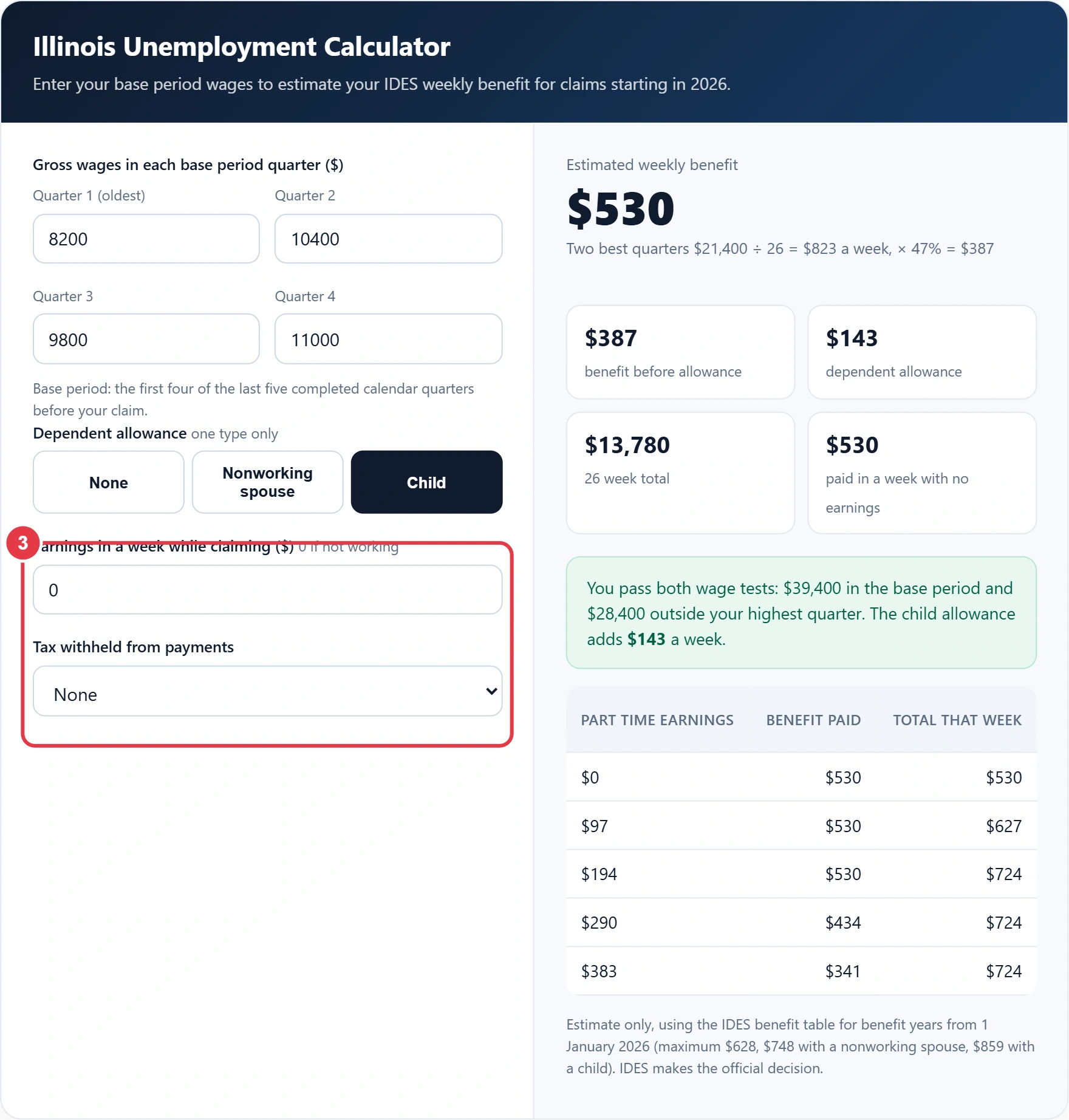 Step 3: enter part time earnings and choose tax withholding