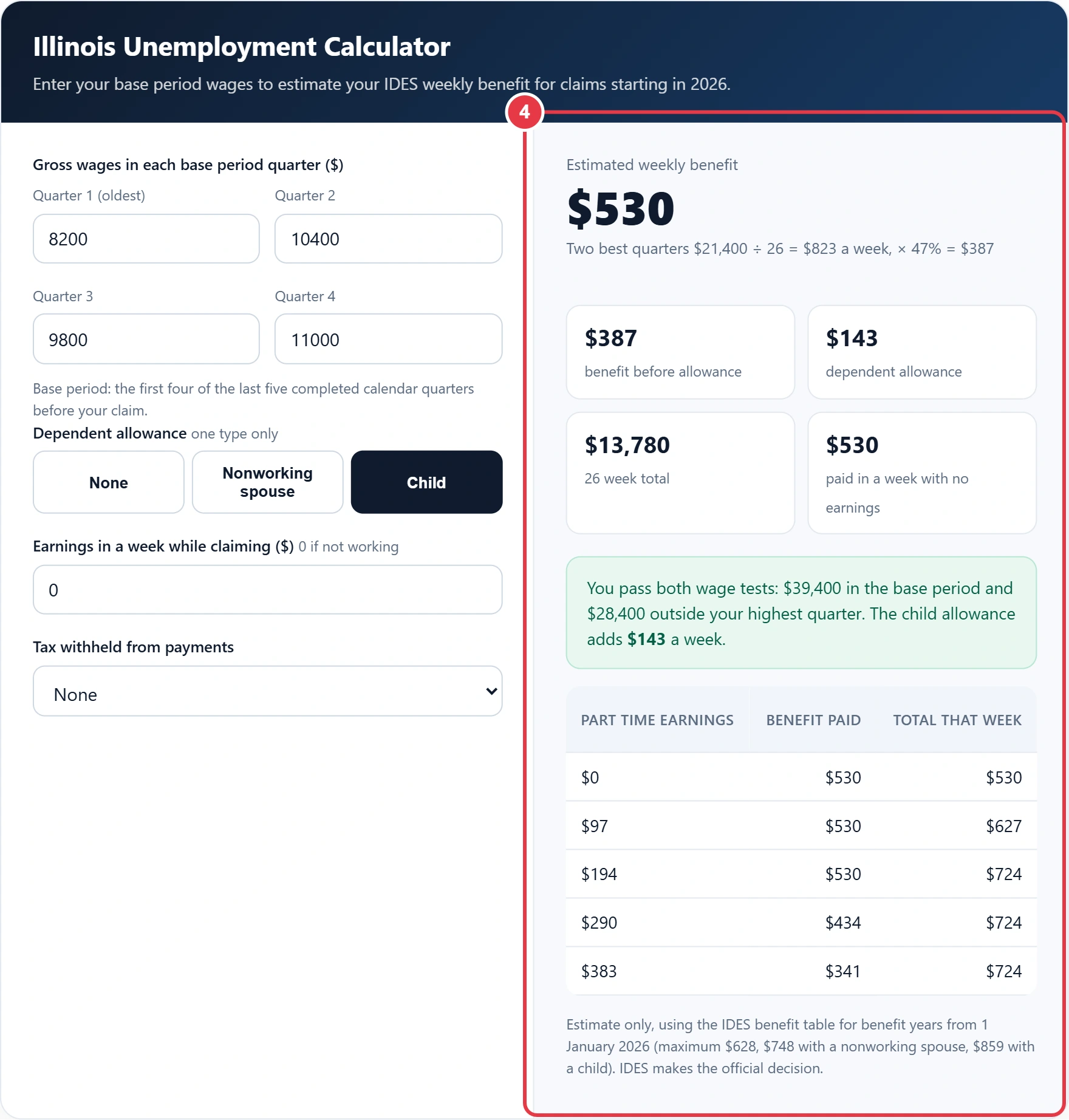 Step 4: read the weekly benefit, allowance, 26 week total and eligibility check