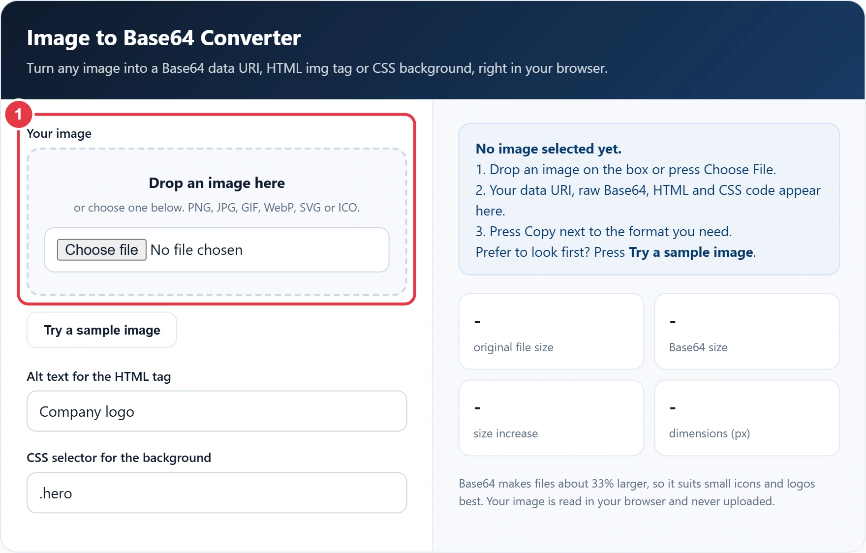 Step 1: drop an image or choose a file to convert