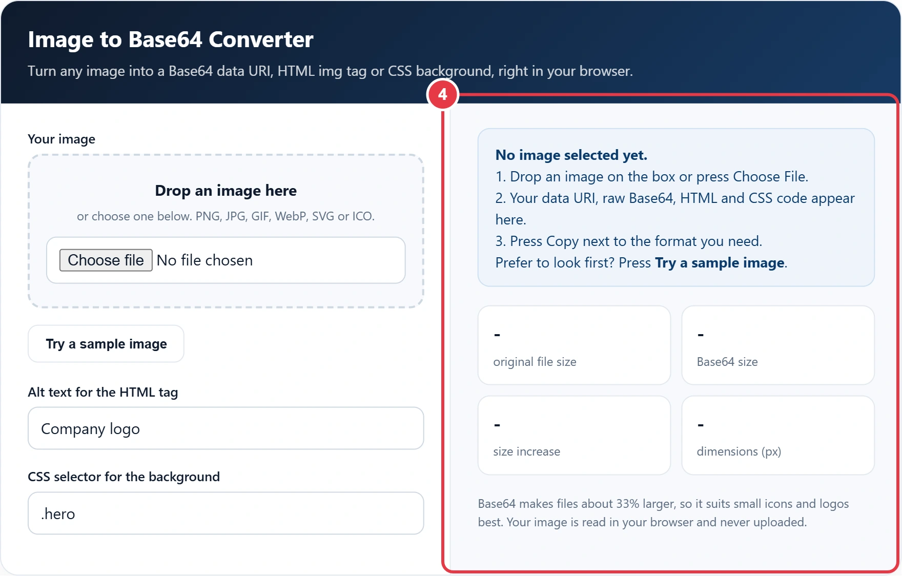 Step 4: copy the data URI, Base64, HTML or CSS code
