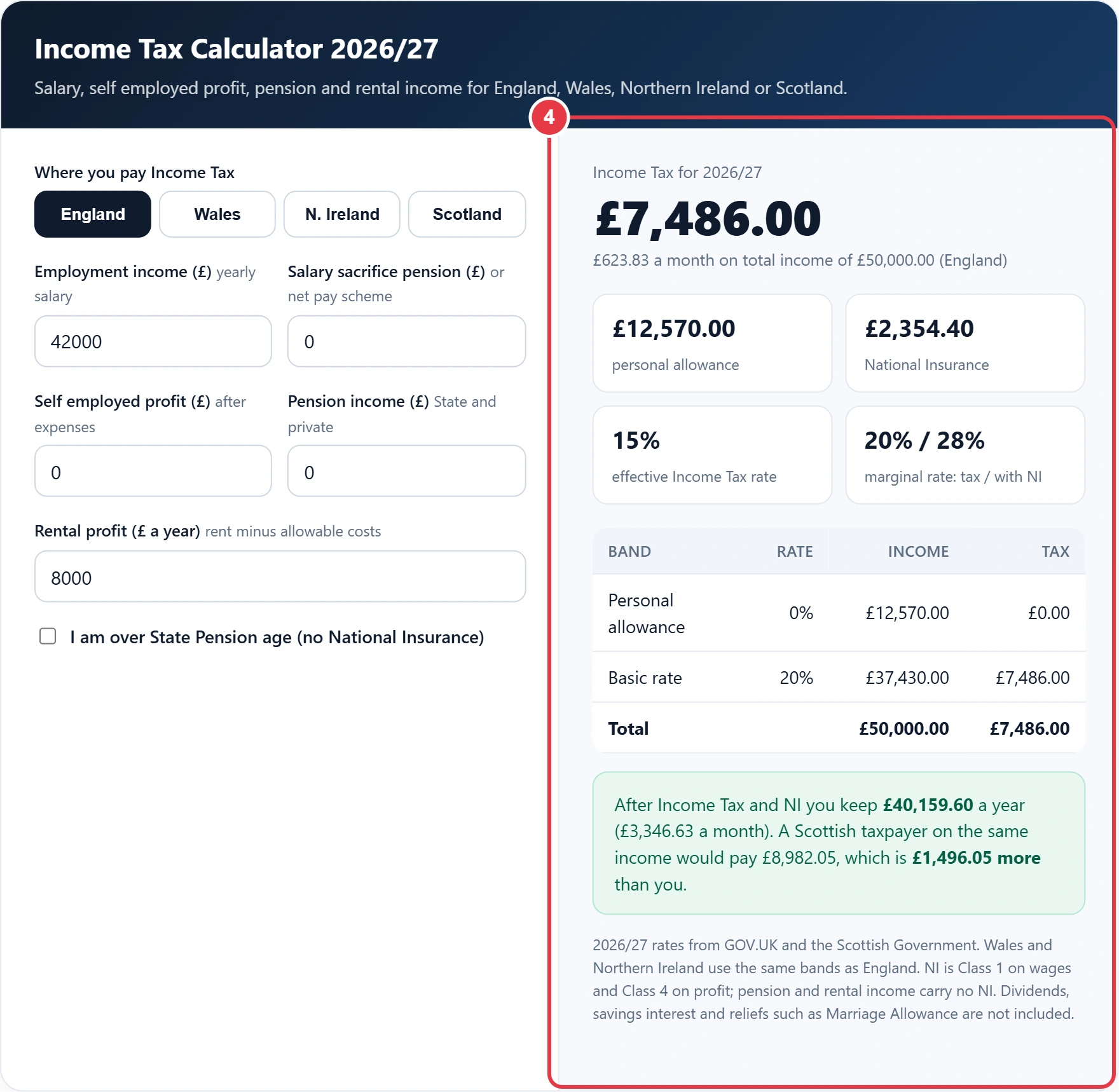 Step 4: read your Income Tax, band breakdown and marginal rate