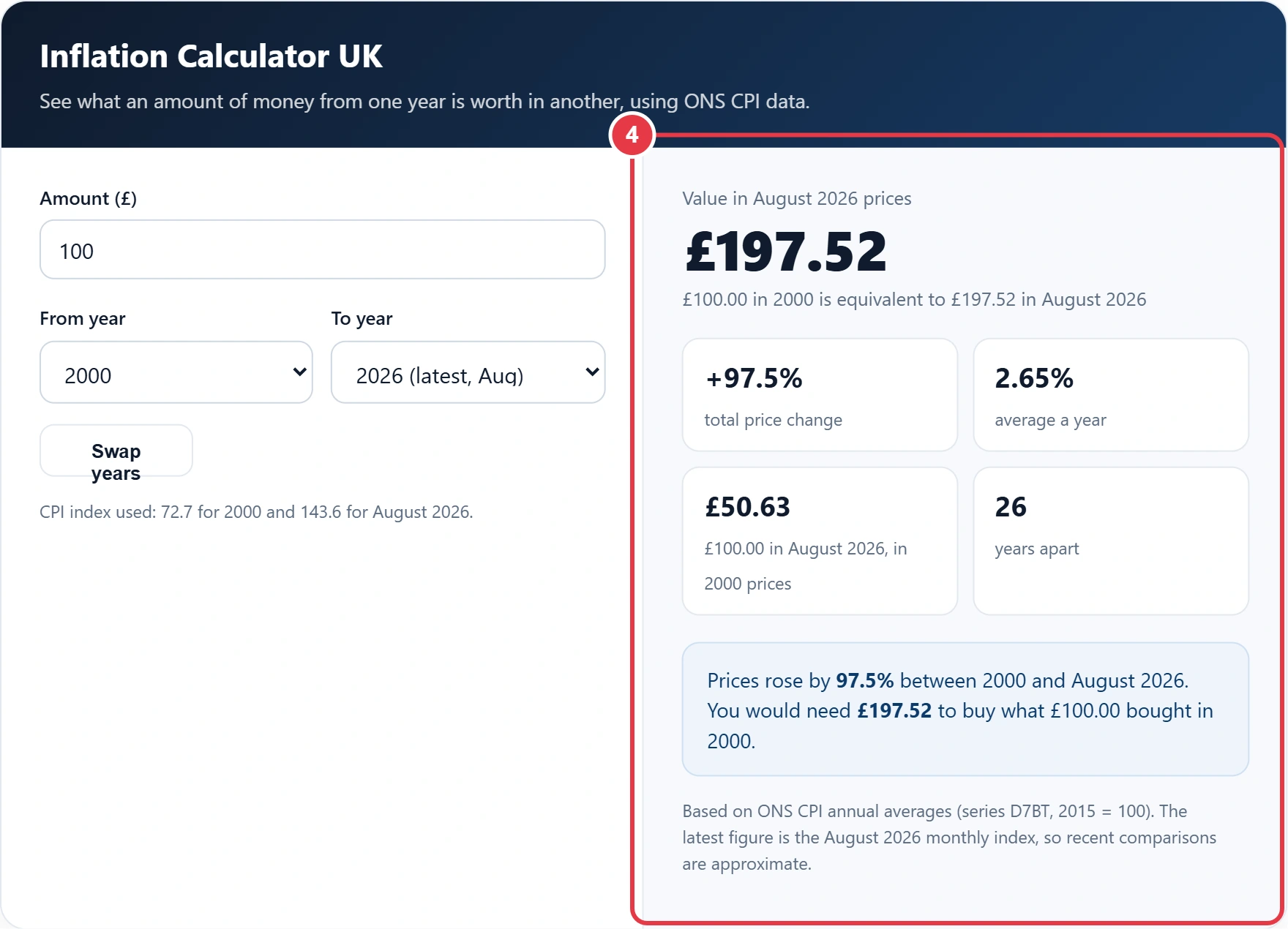 Step 4: read the inflation adjusted value and total price change