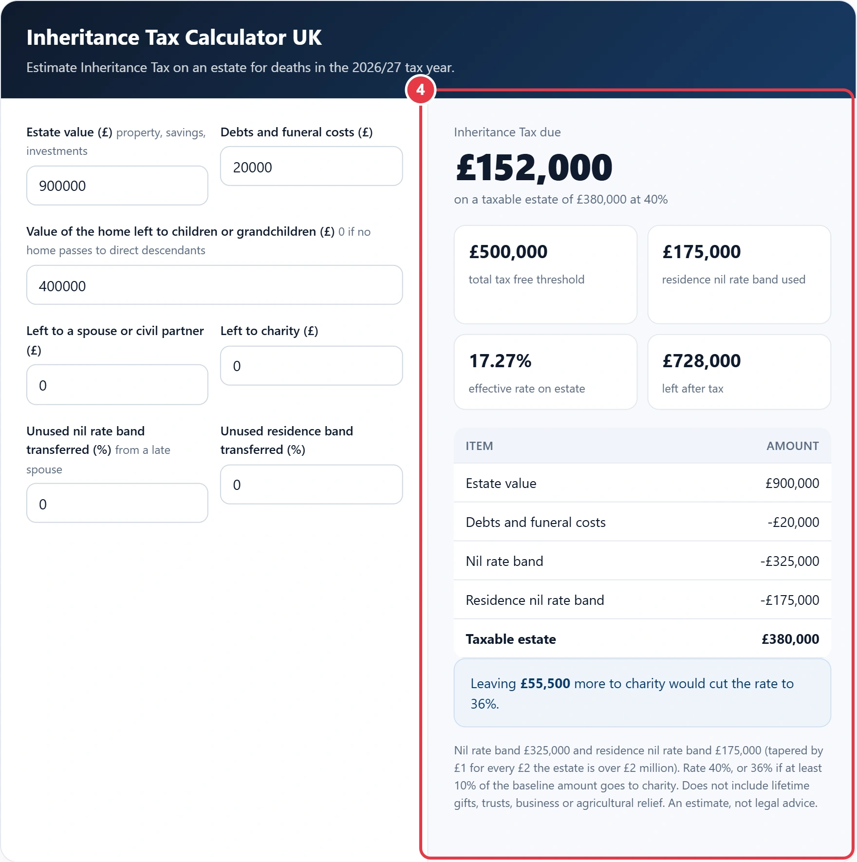 Step 4: read the Inheritance Tax due and the breakdown