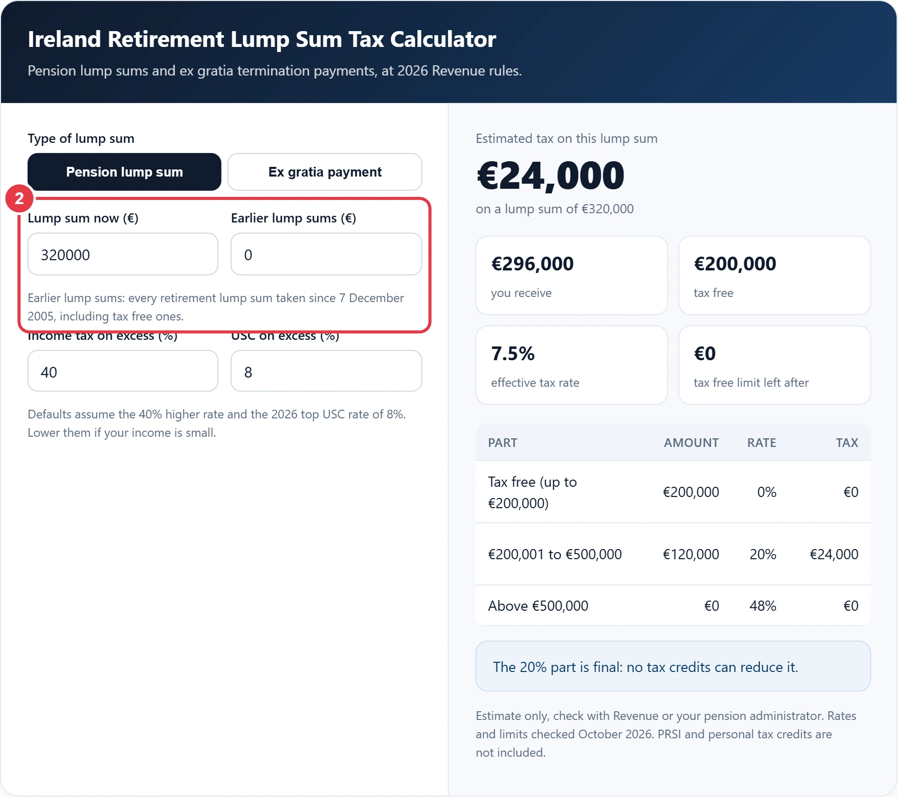 Step 2: enter the lump sum and any earlier lump sums