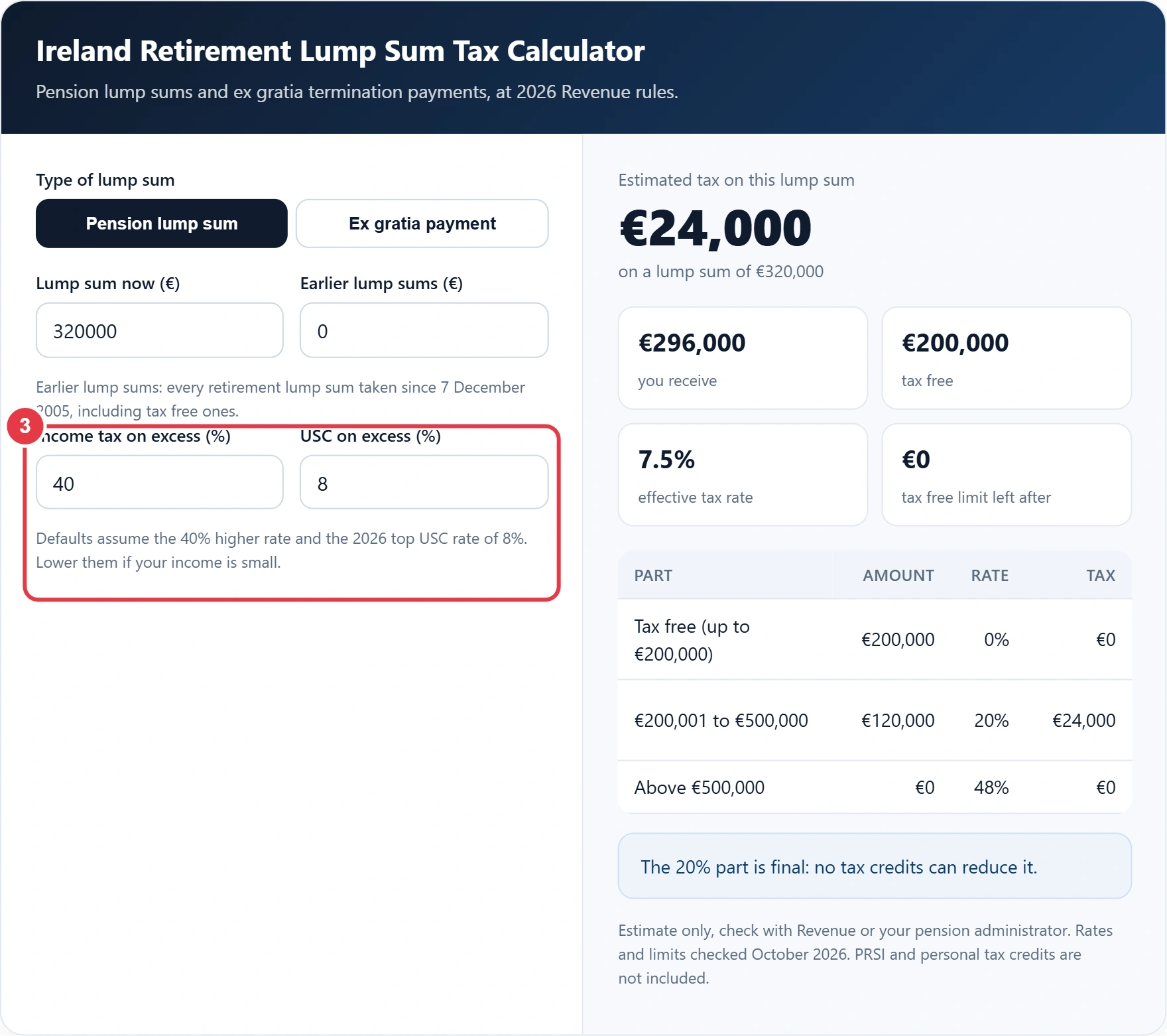Step 3: set the income tax and USC rates for any excess