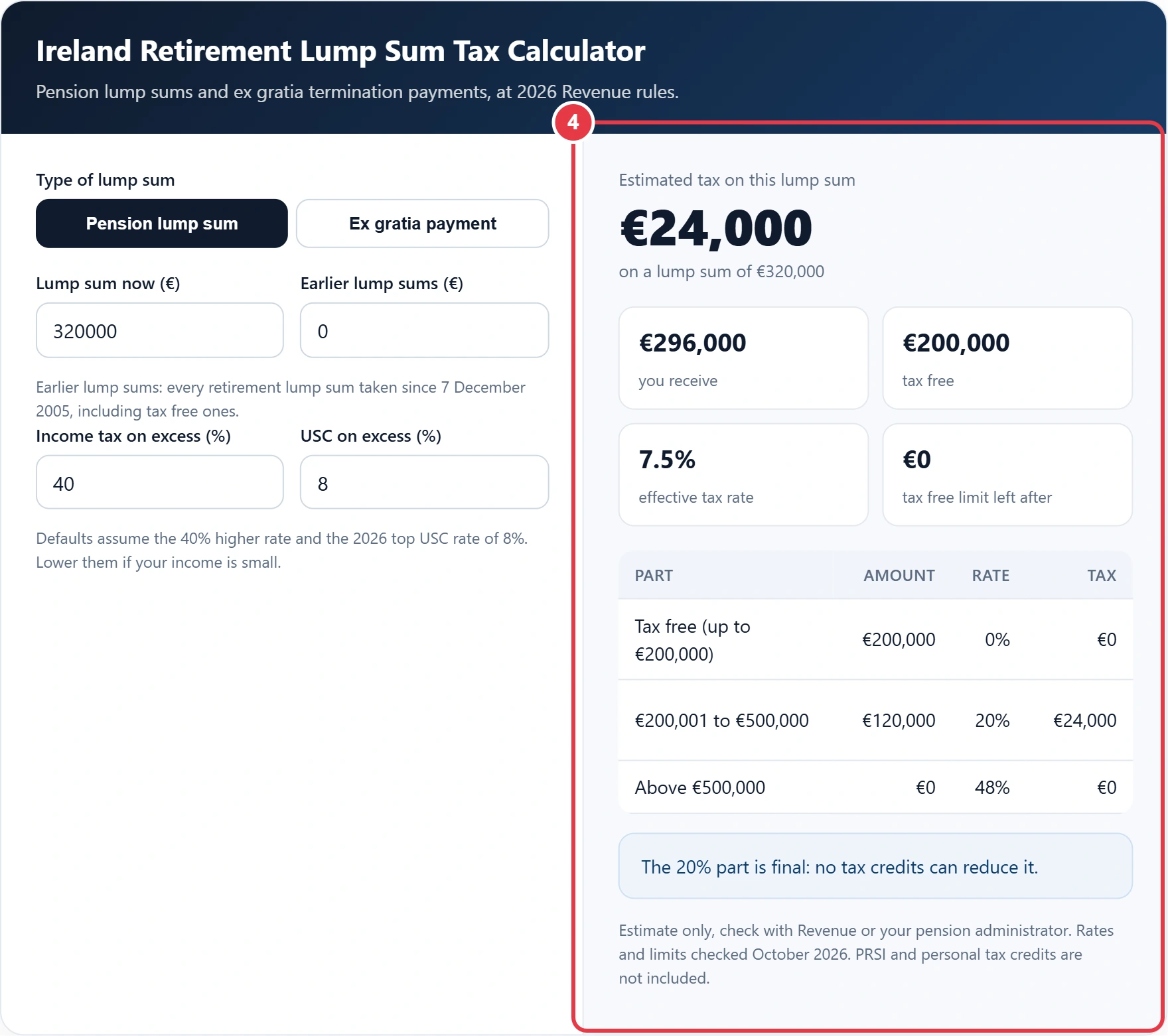 Step 4: read the tax, net lump sum and band table