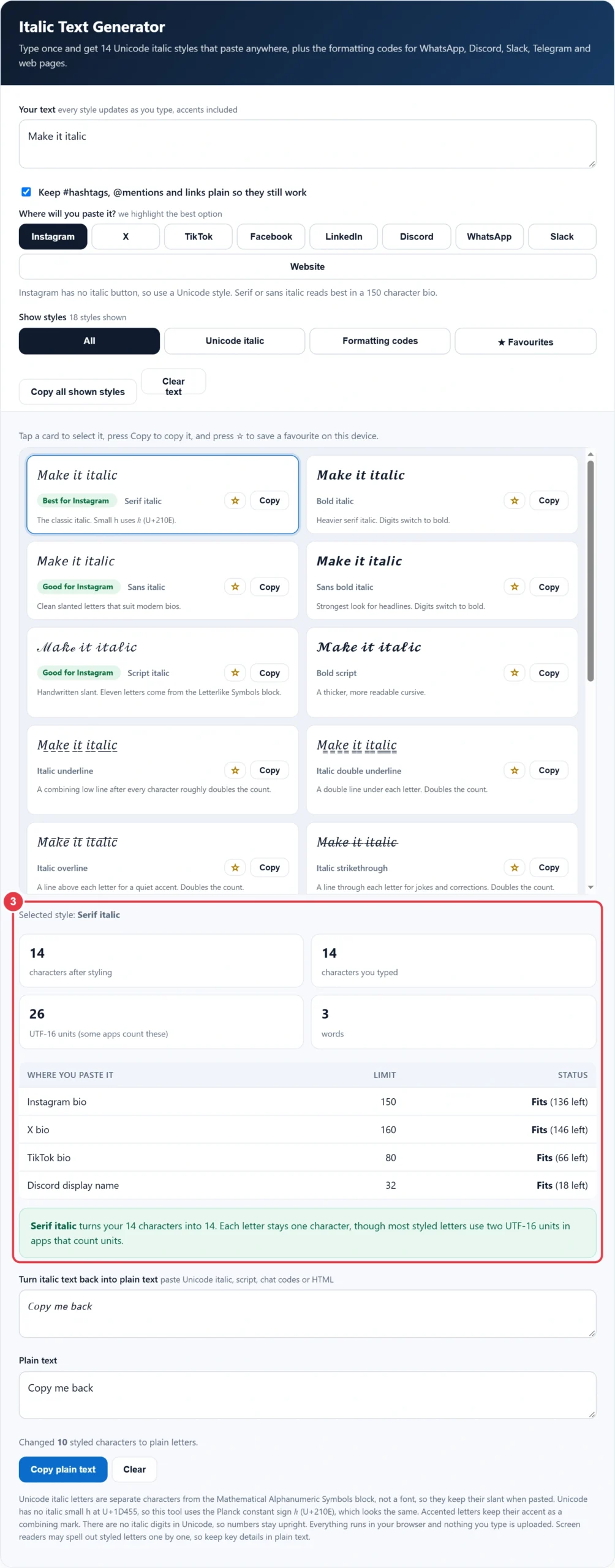 Step 3: copy an italic style and check the Instagram, X, TikTok and Discord limits