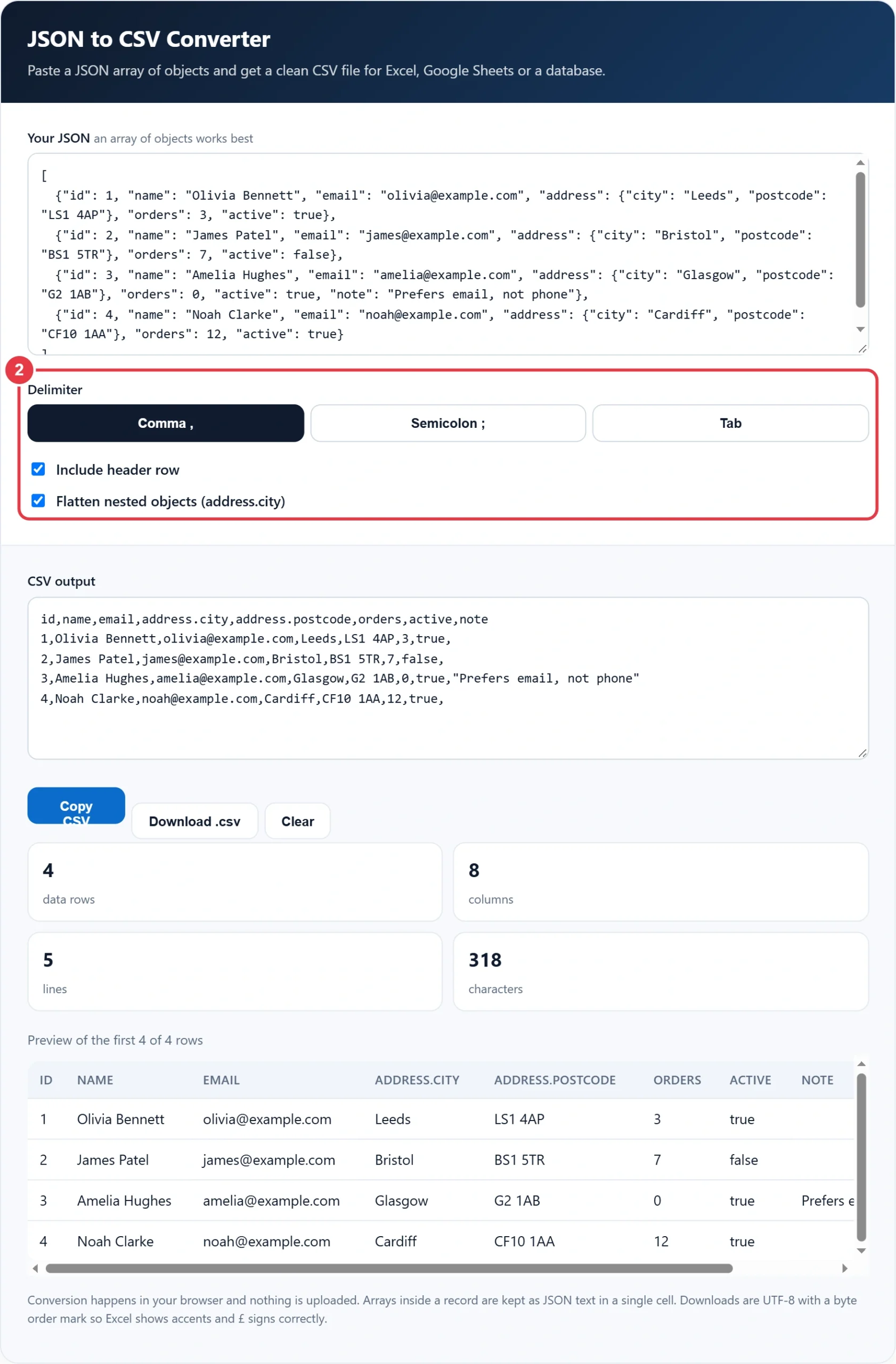 Step 2: choose the delimiter, header and flatten options