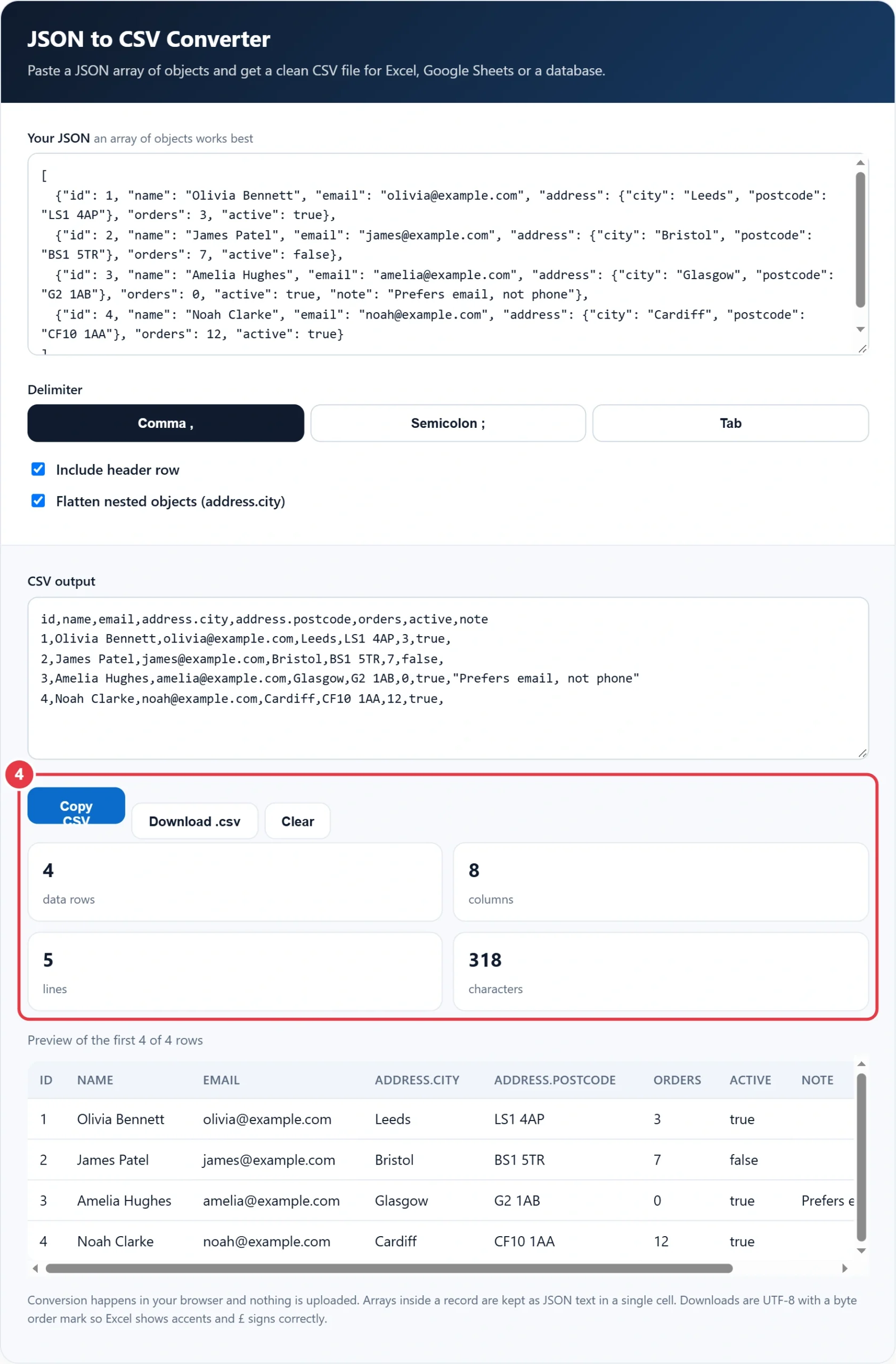 Step 4: copy the CSV or download it as a .csv file
