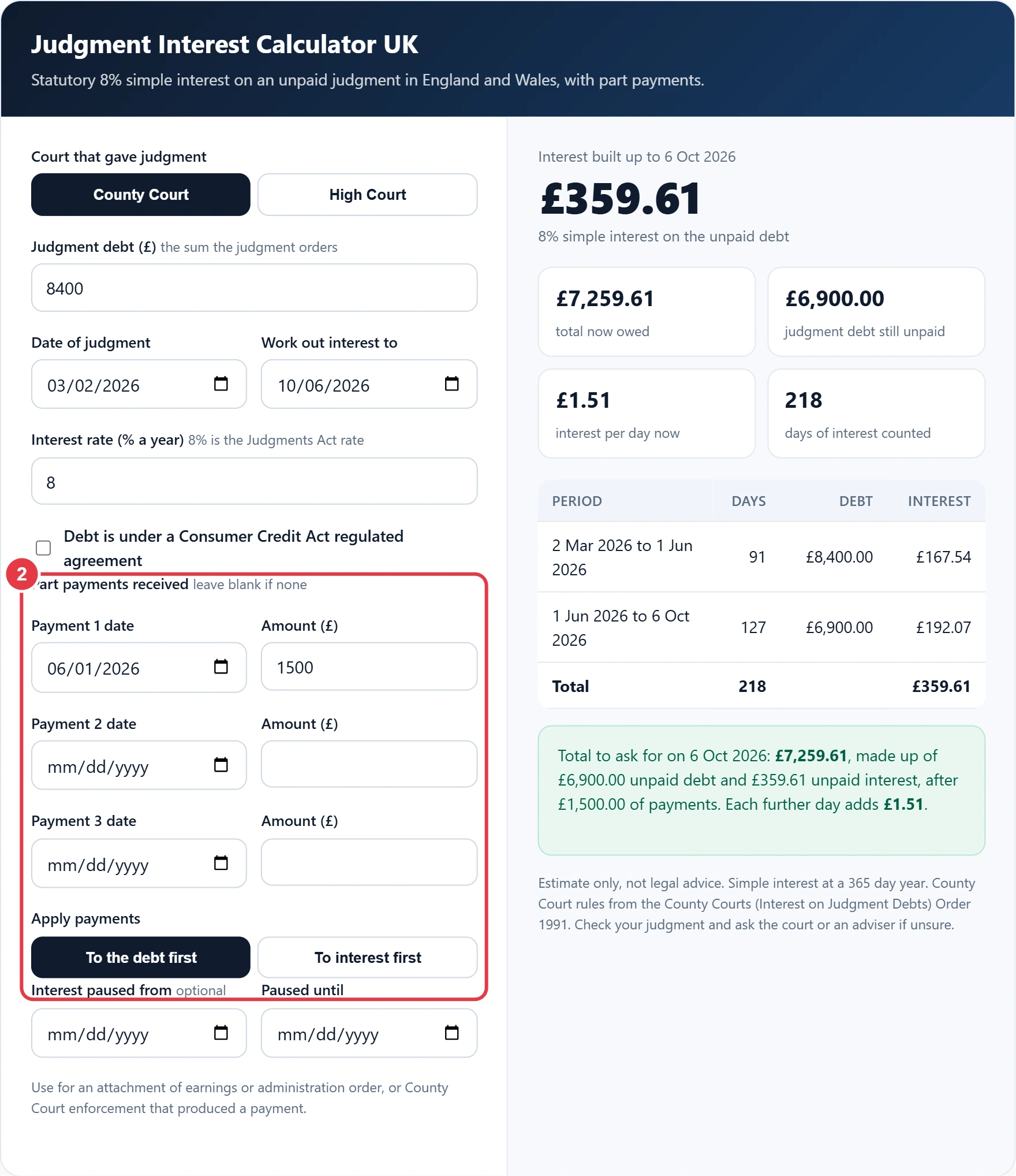 Step 2: add any part payments and choose how they are applied