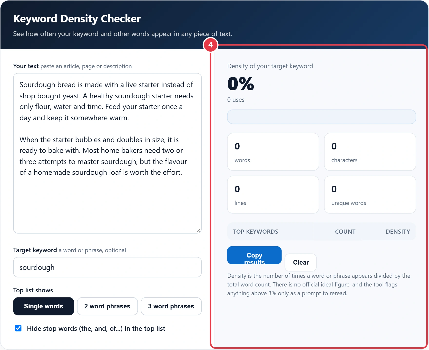 Step 4: read the keyword density and top keywords