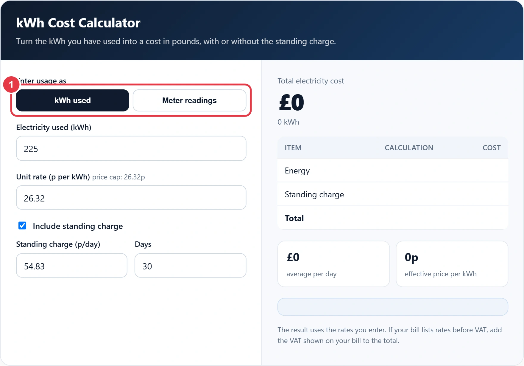 Step 1: choose kWh used or meter readings