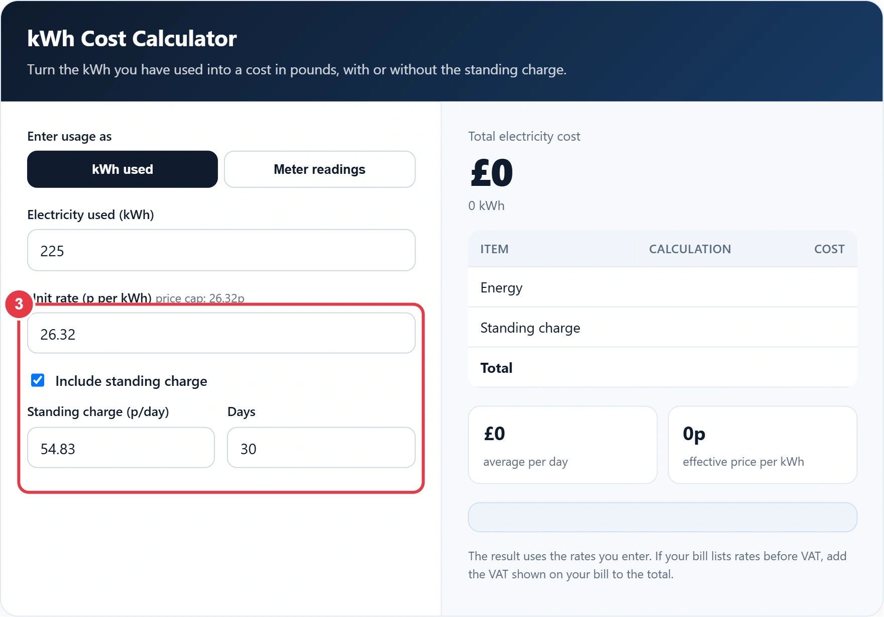 Step 3: enter the unit rate and standing charge