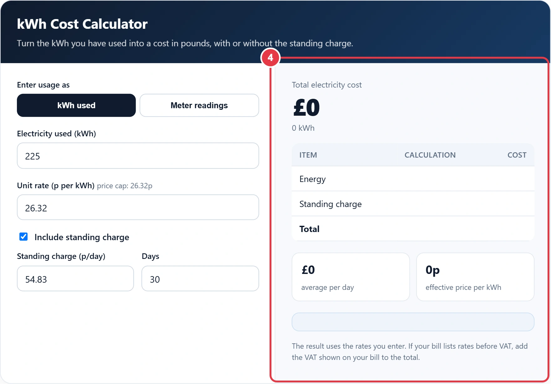 Step 4: read the total cost and breakdown