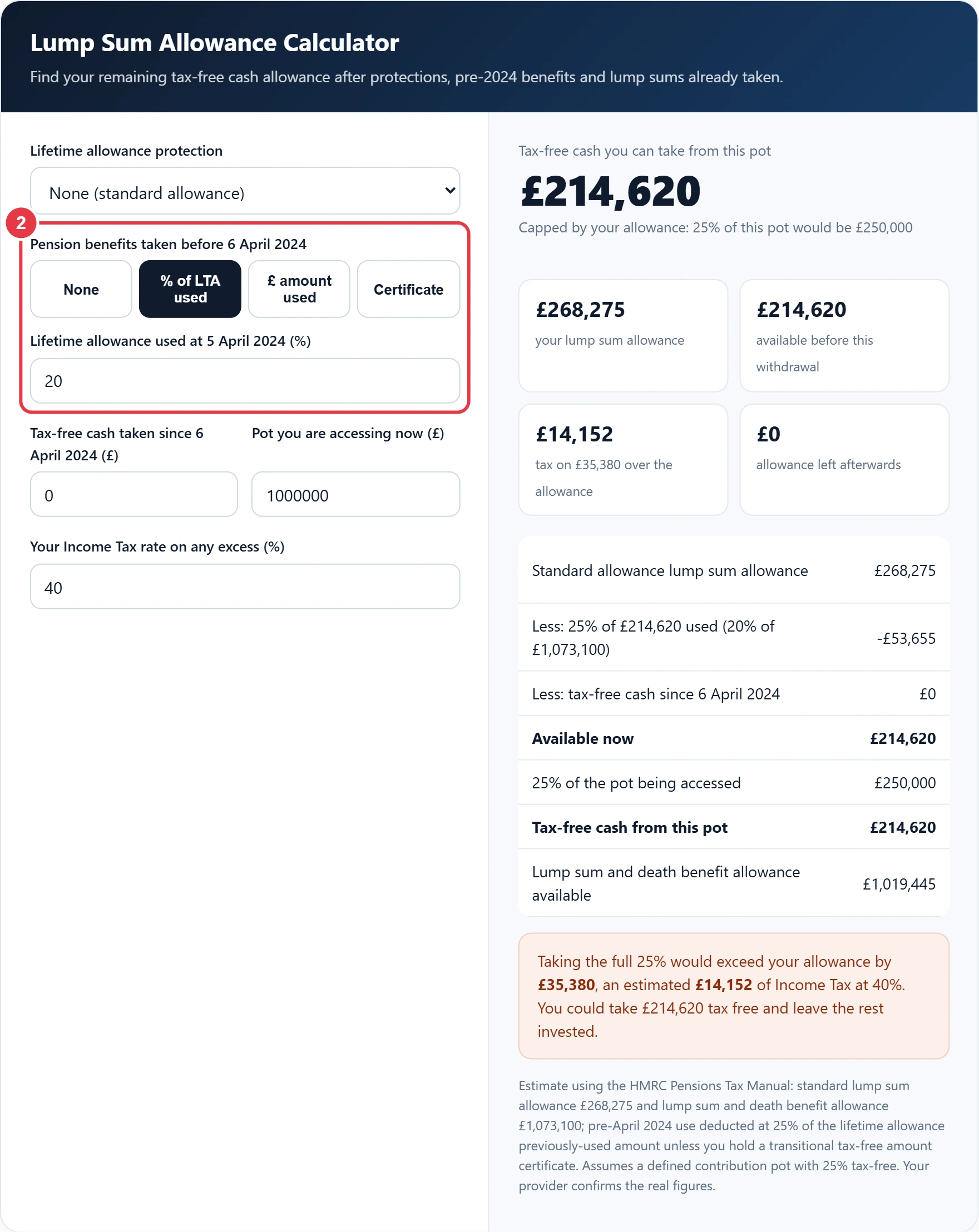 Step 2: enter pension benefits taken before 6 April 2024 or a certificate amount