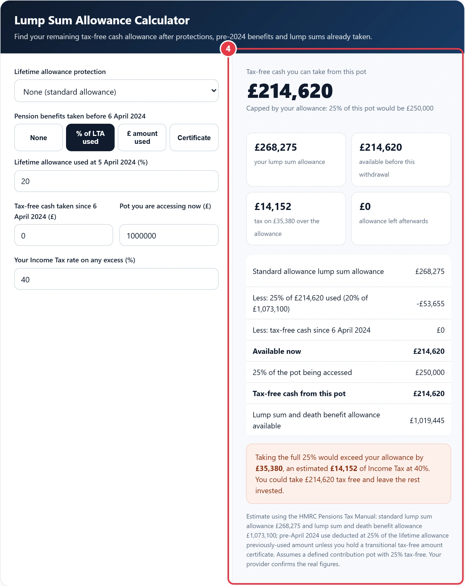 Step 4: read your tax-free cash, allowance left and any tax