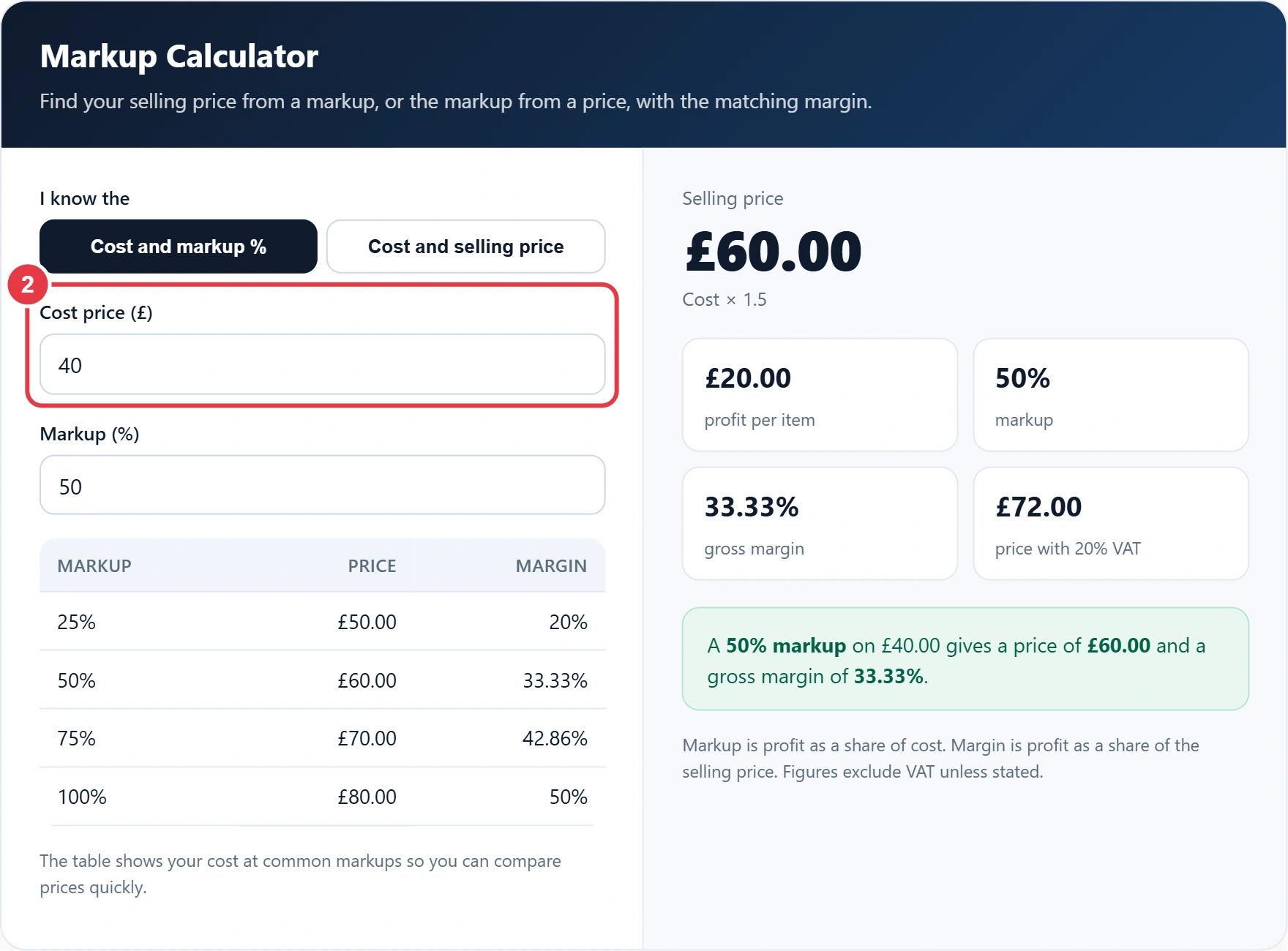 Step 2: enter the cost price