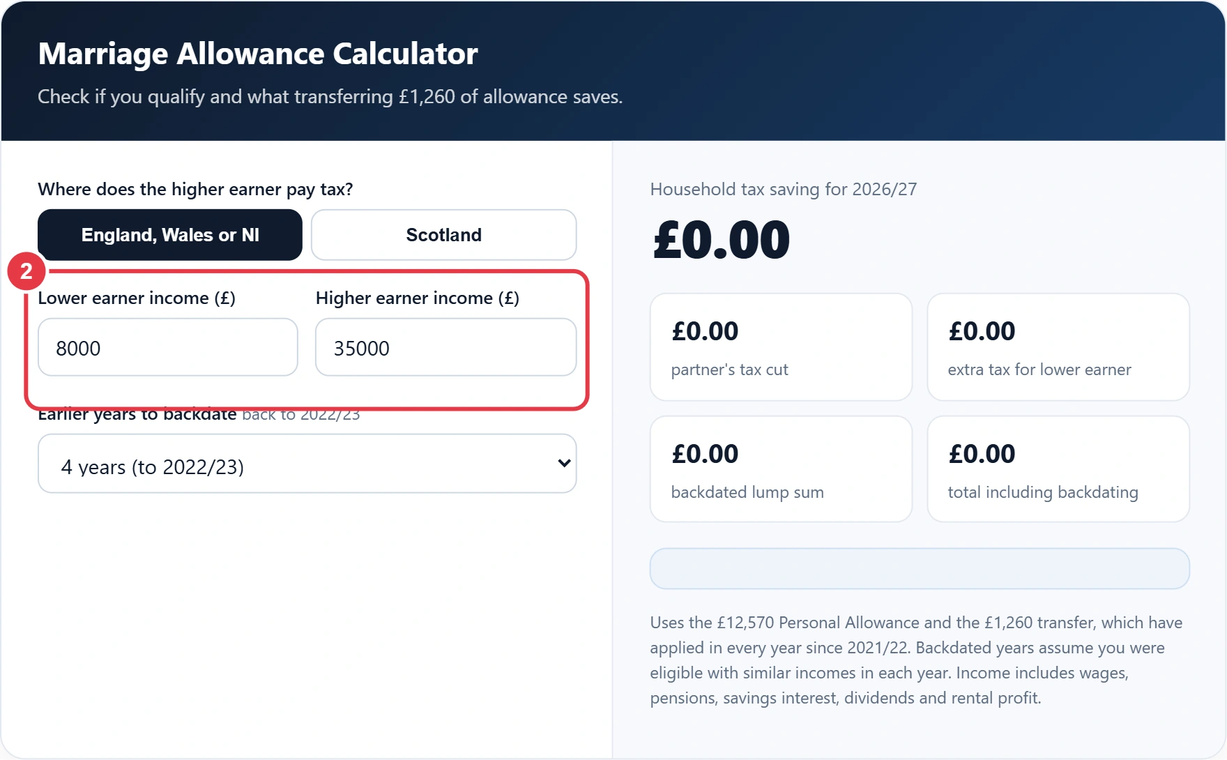 Step 2: enter both partners' yearly incomes