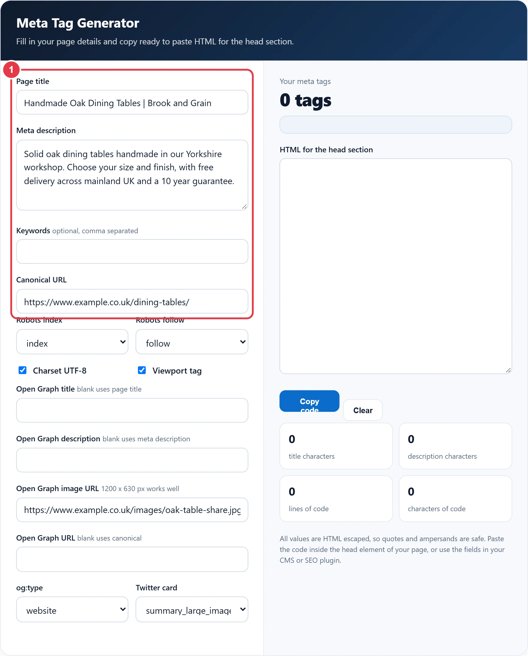 Step 1: enter the page title, meta description and canonical URL