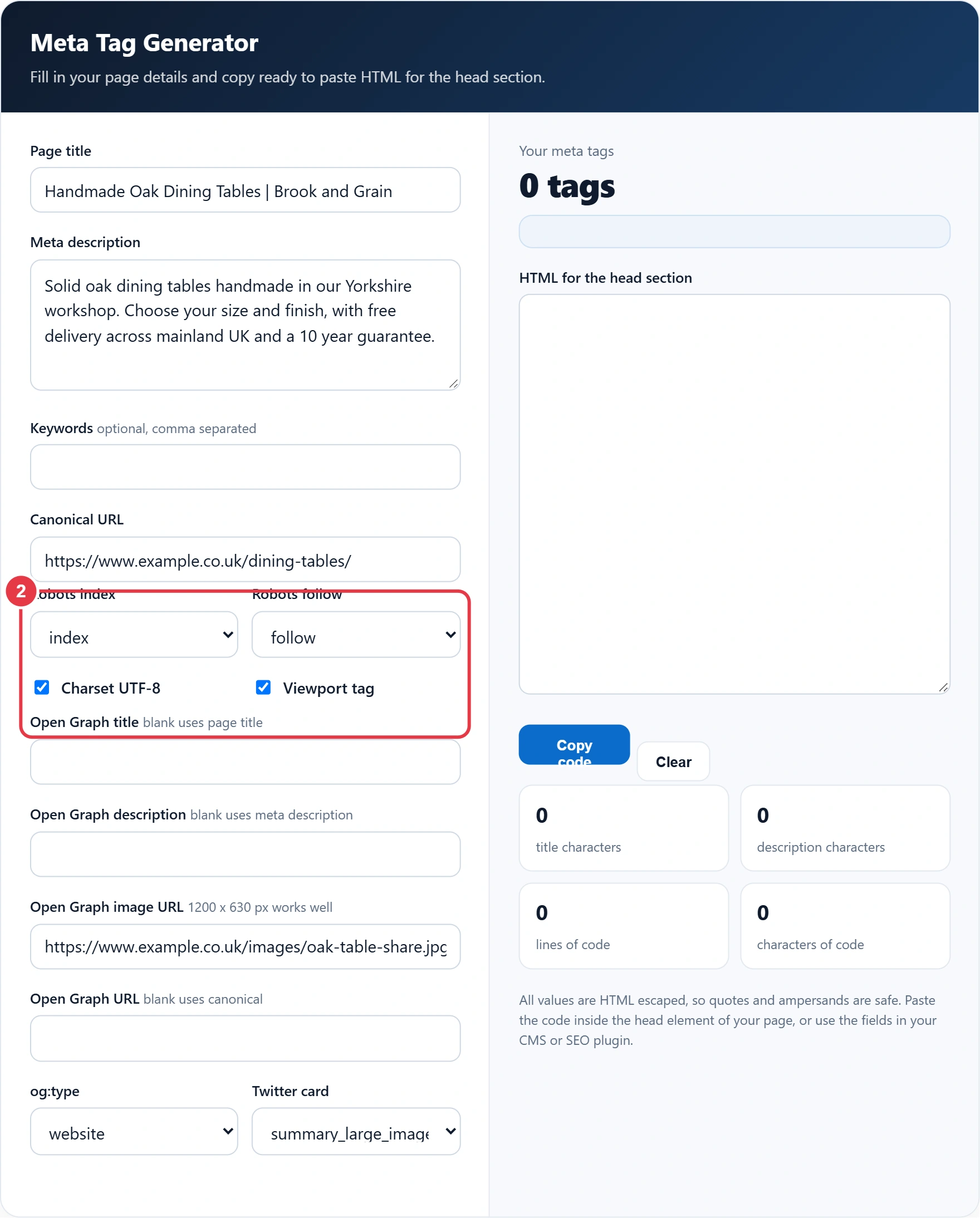 Step 2: choose robots settings and the charset and viewport tags