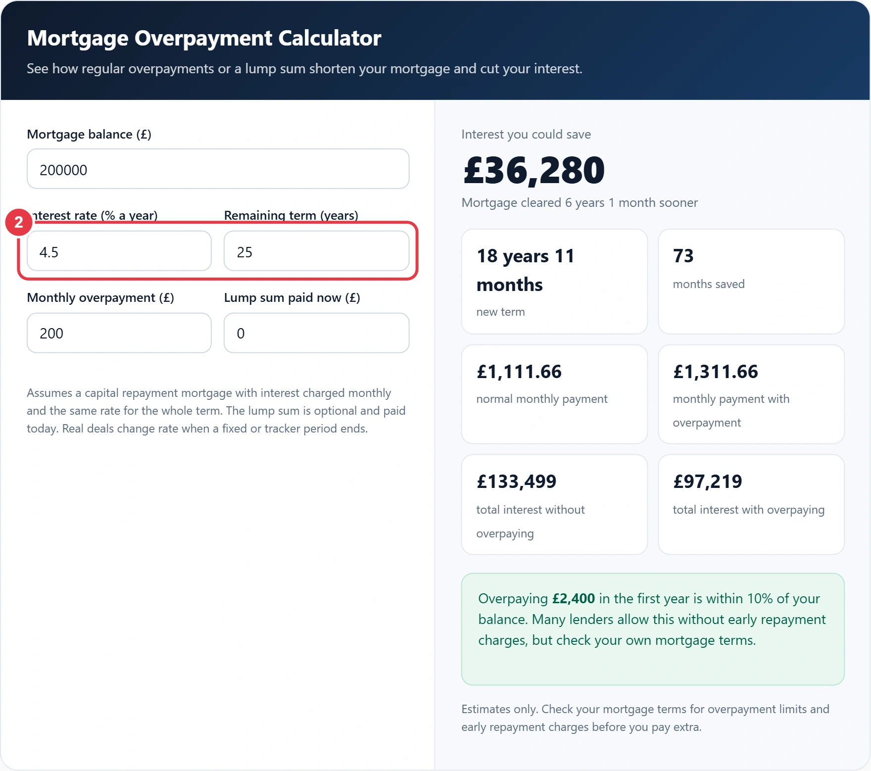 Step 2: enter your interest rate and remaining term