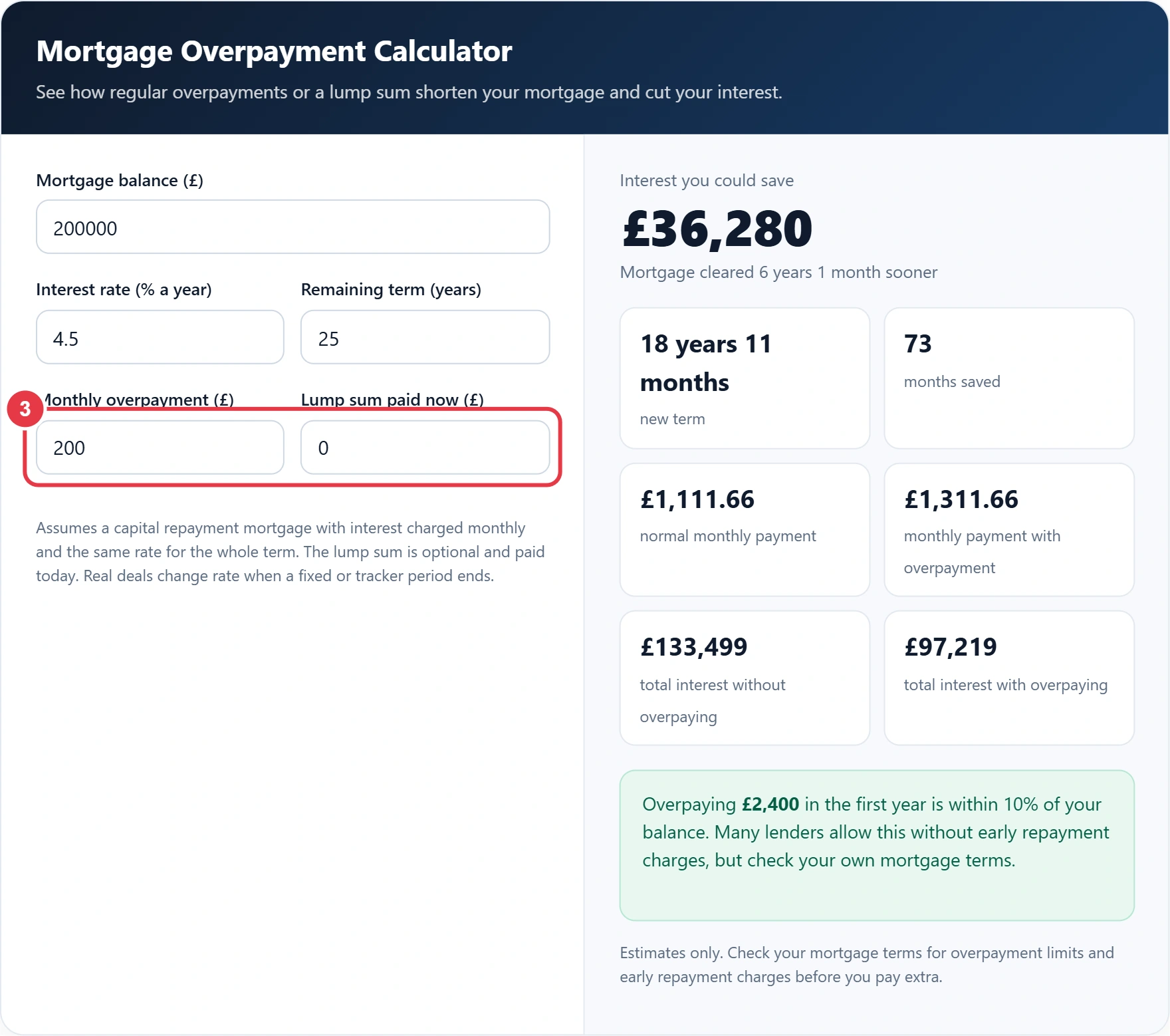 Step 3: add a monthly overpayment or a one off lump sum
