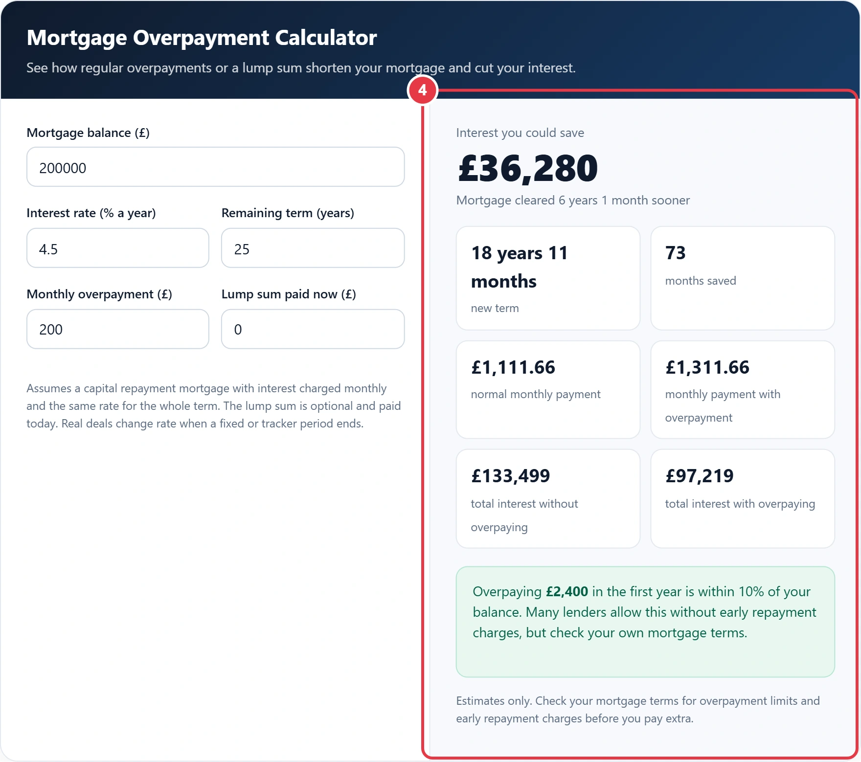 Step 4: read the interest saved and new mortgage term
