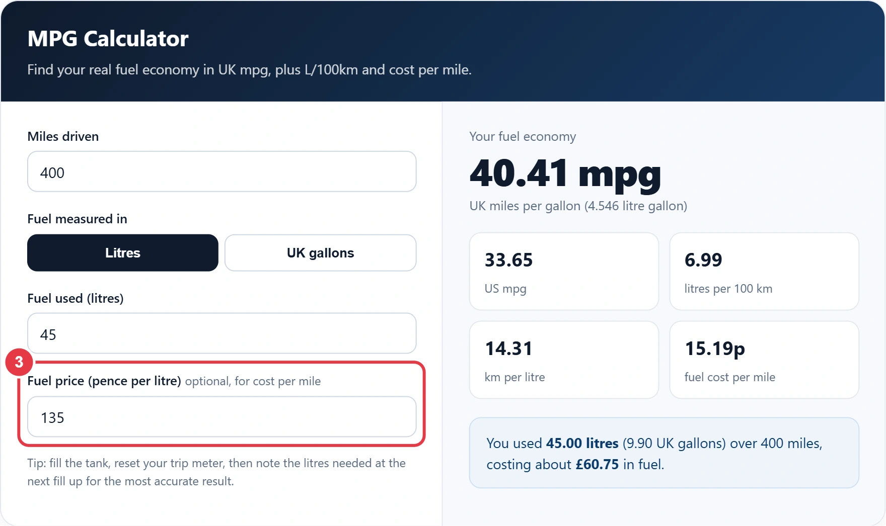 Step 3: add the fuel price in pence per litre