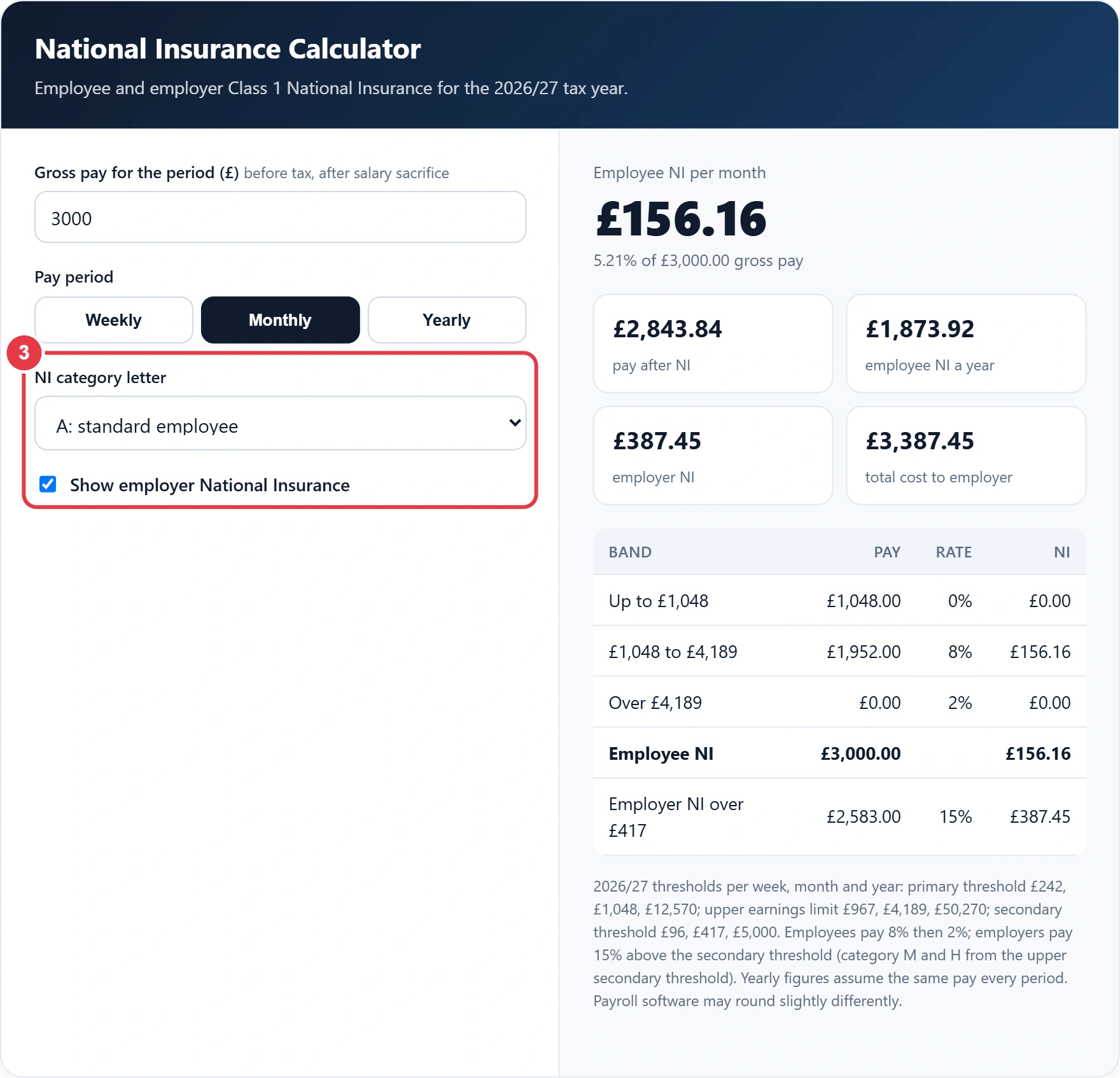 Step 3: pick your NI category letter and employer NI option