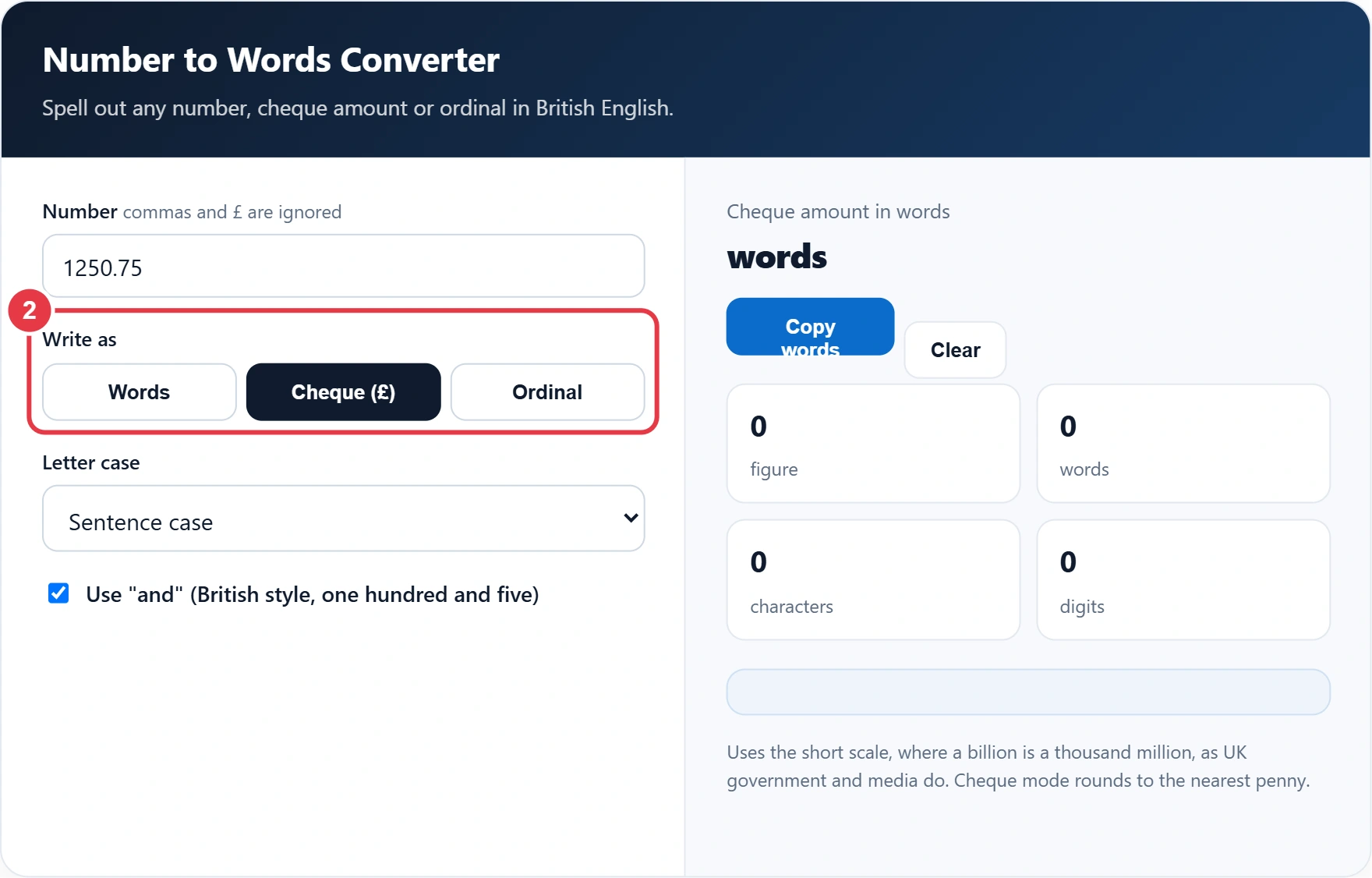 Step 2: choose words, cheque or ordinal style