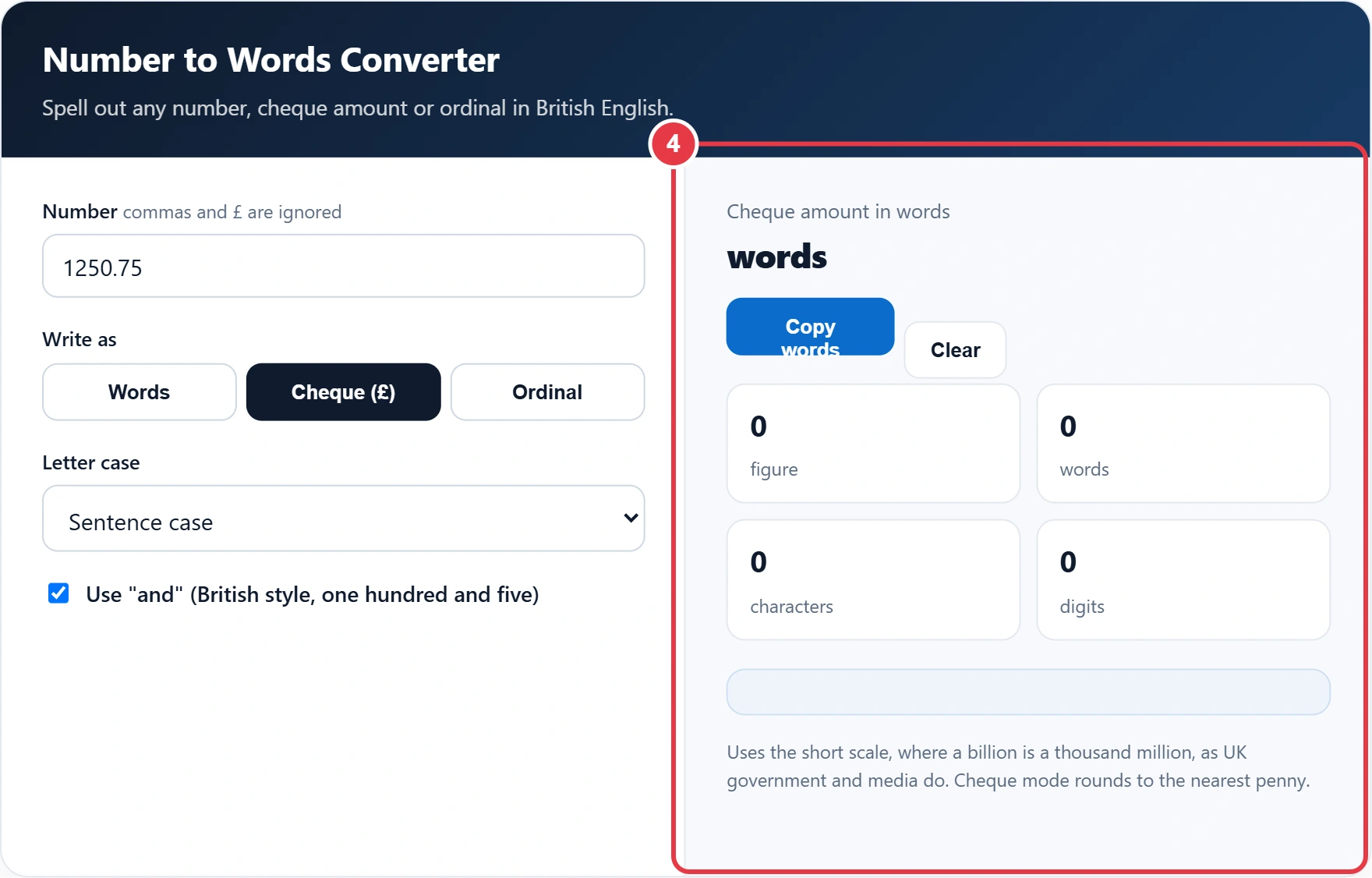 Step 4: read and copy the number in words