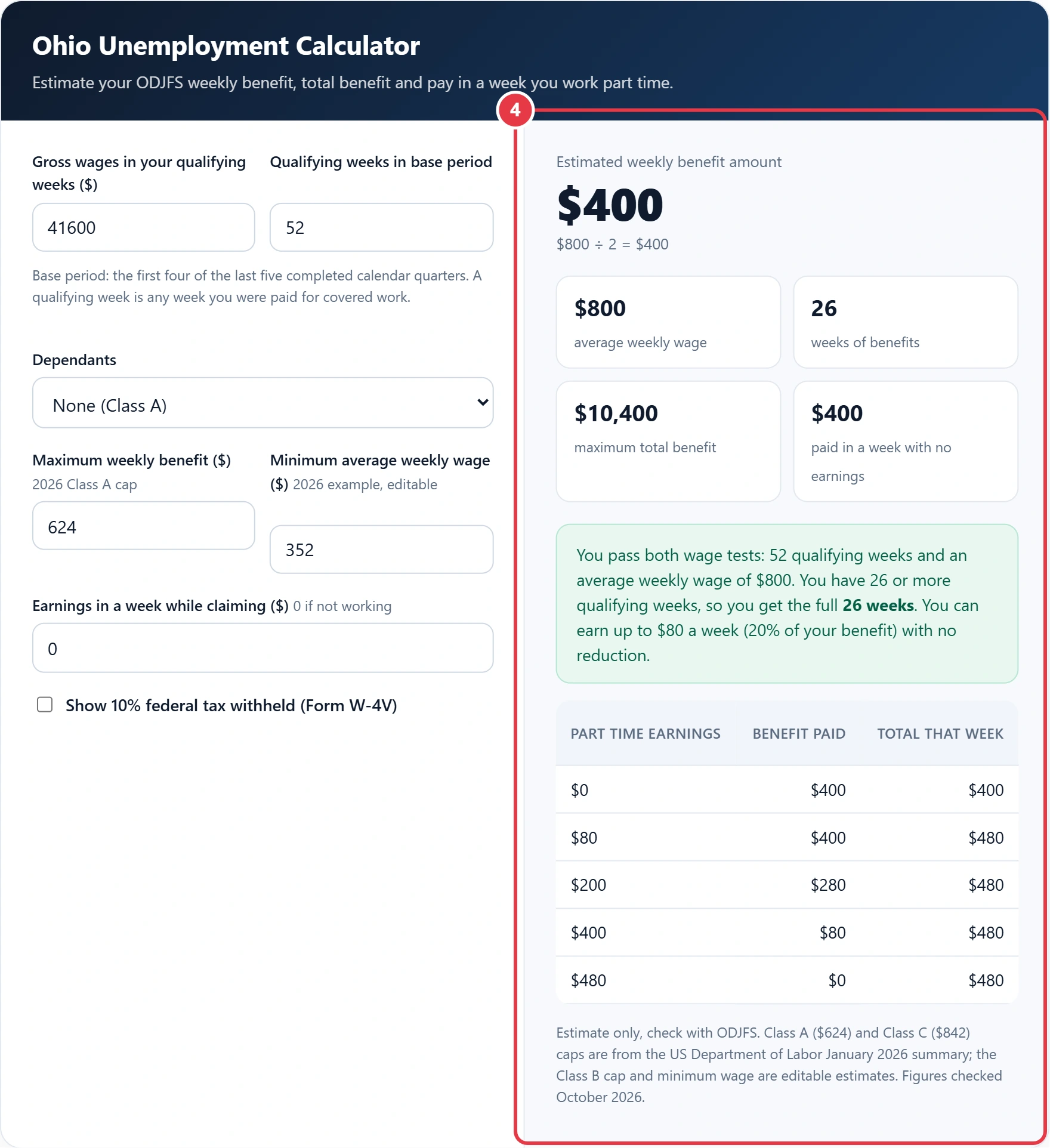 Step 4: read the weekly benefit, total benefit and part time pay