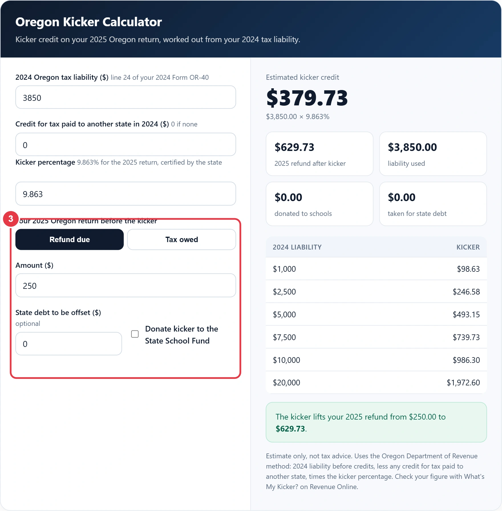 Step 3: enter your 2025 refund or tax owed, any state debt and the donation choice