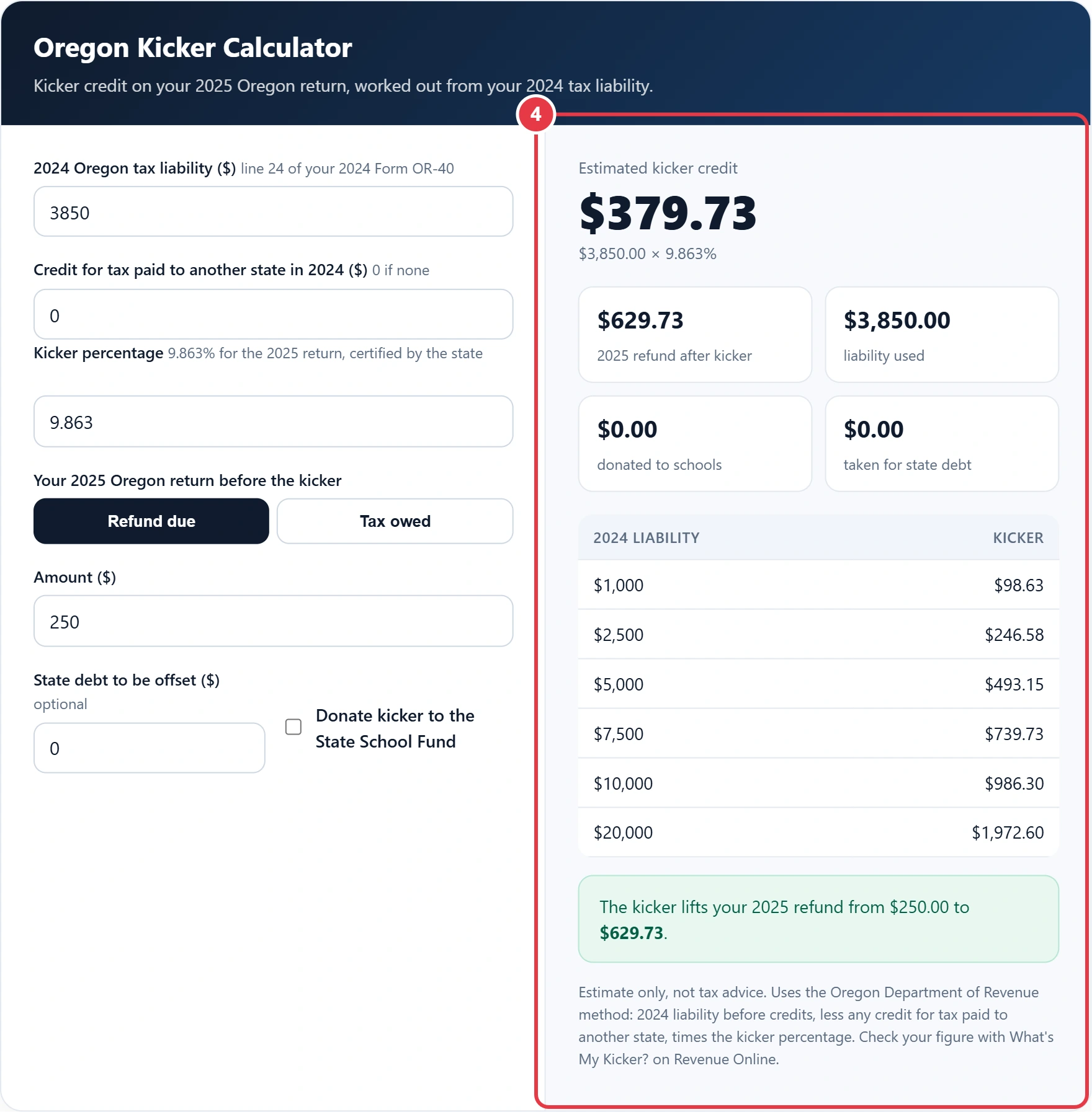 Step 4: read the kicker credit and your 2025 refund after the kicker