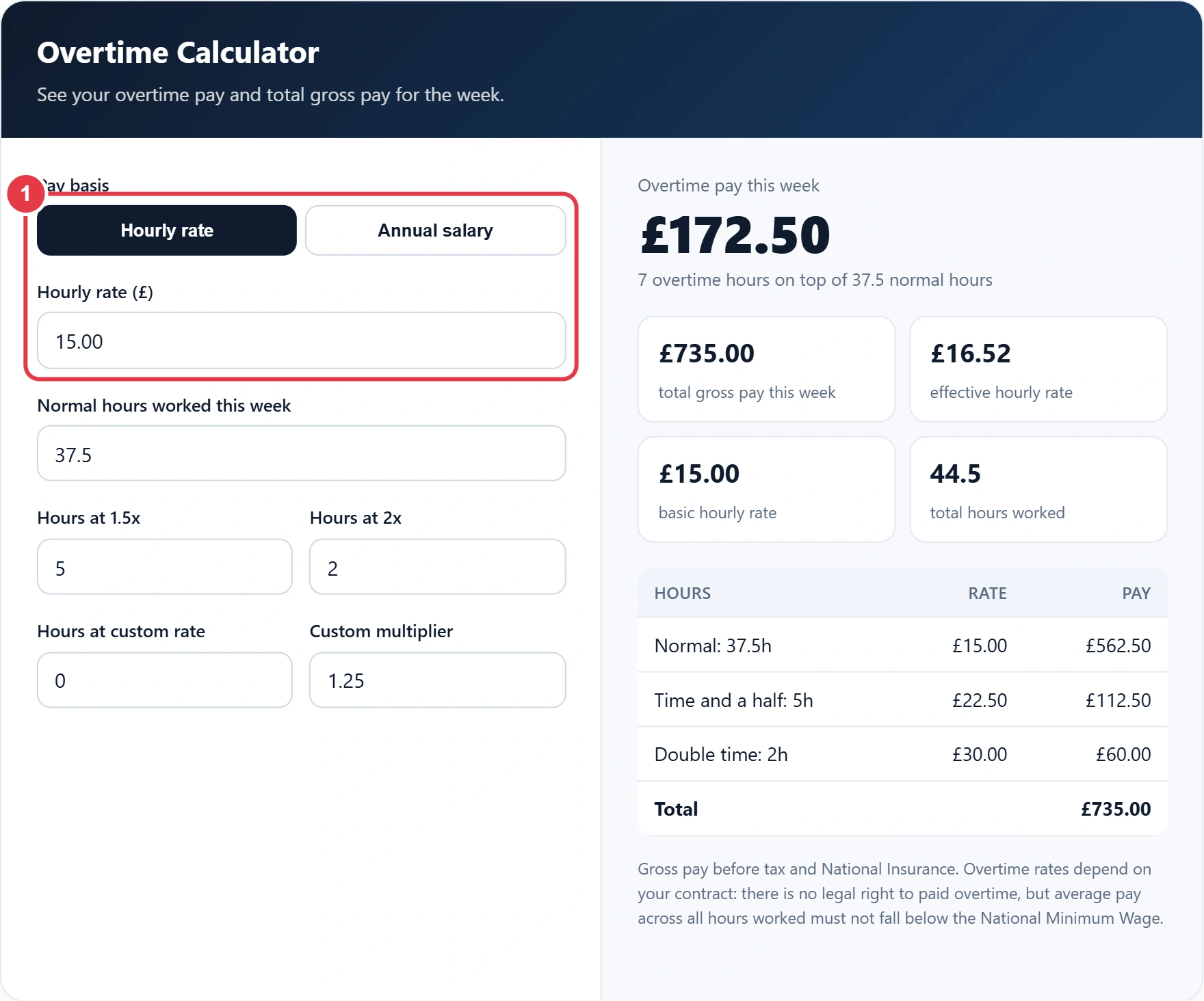 Step 1: choose hourly rate or annual salary and enter your pay