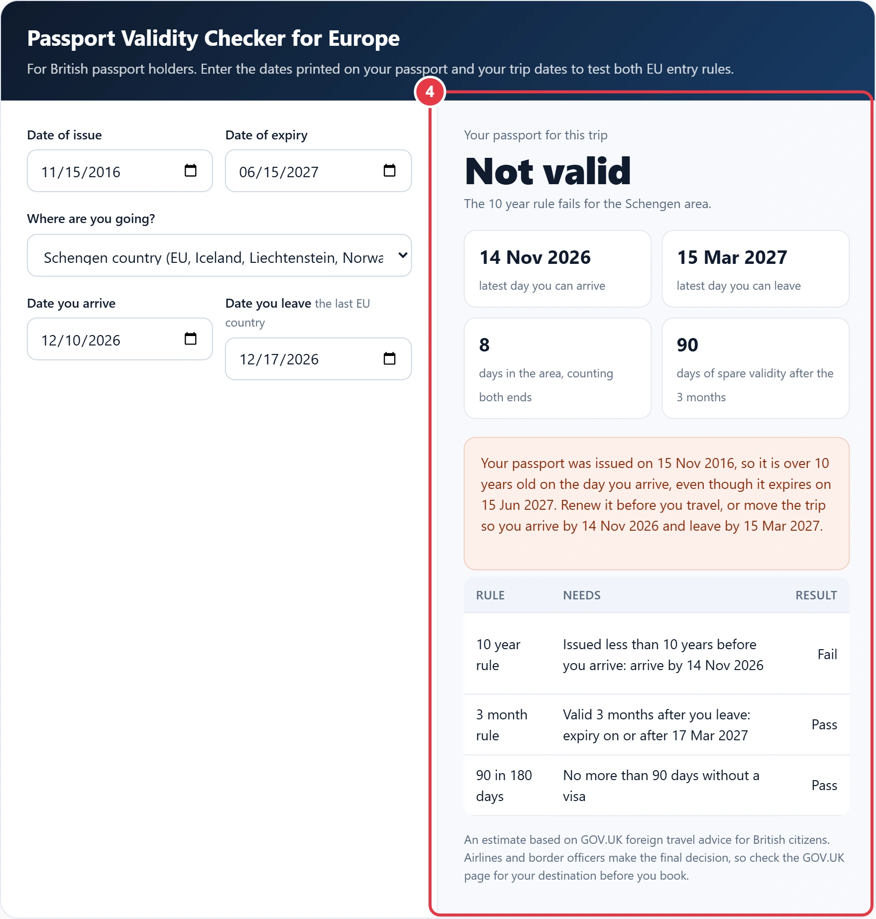 Step 4: read the verdict, latest travel dates and rule checks