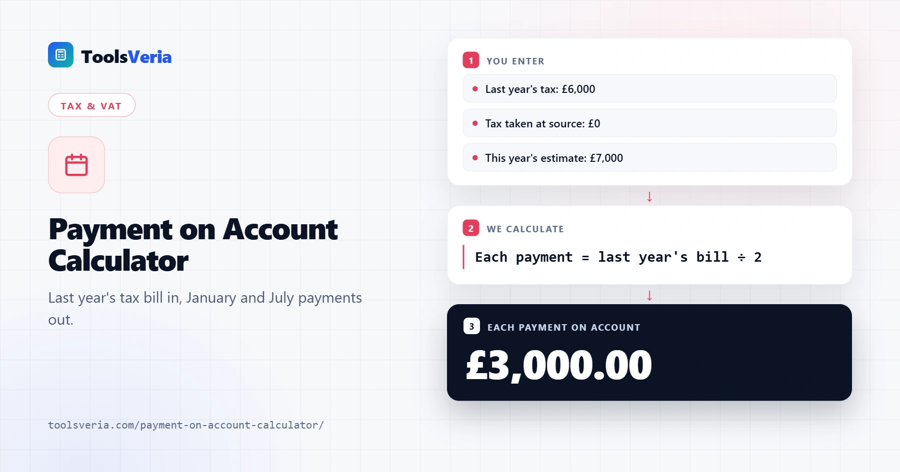 Payment on account calculator showing Self Assessment payments due on 31 January and 31 July