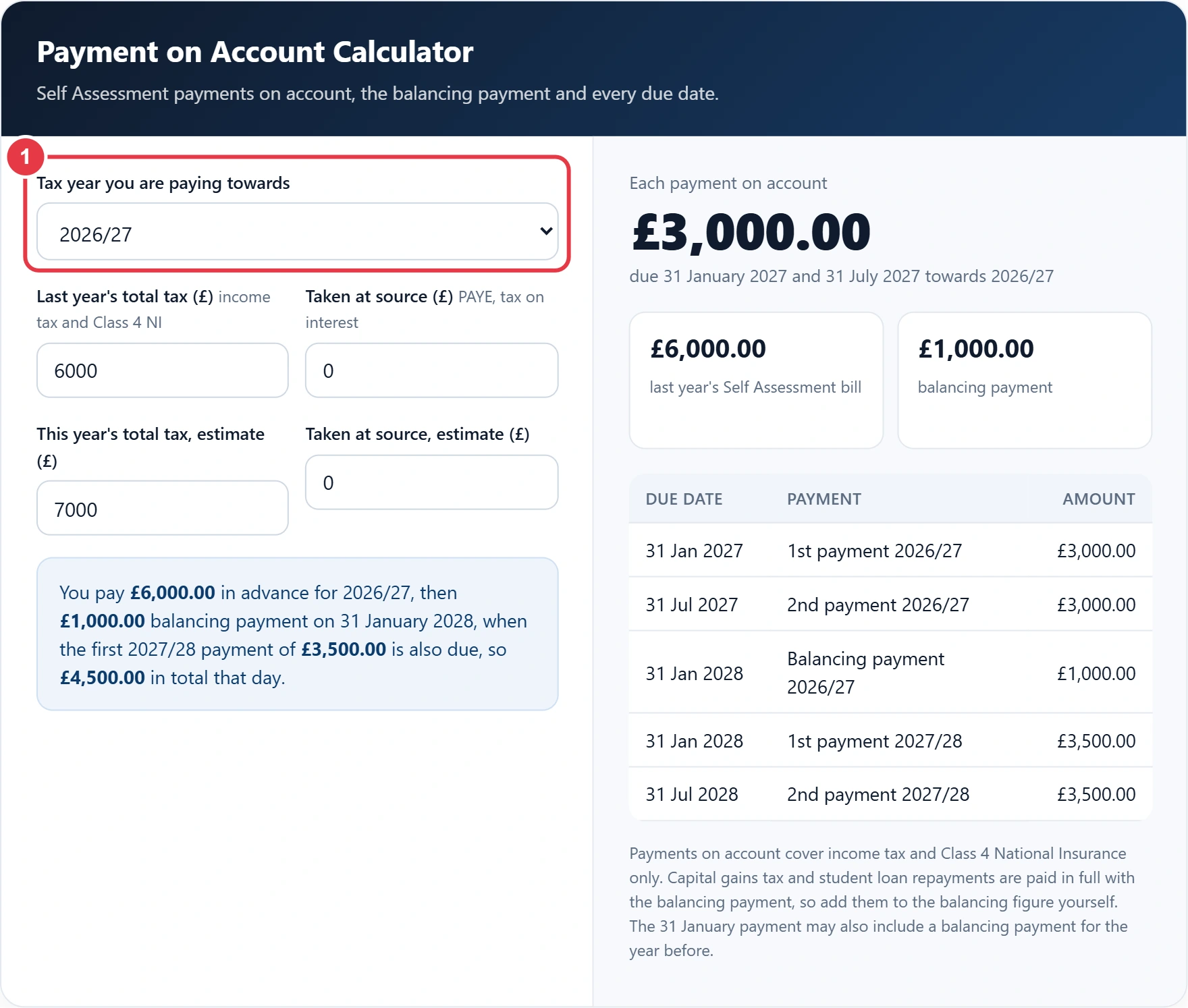 Step 1: choose the tax year you are paying towards